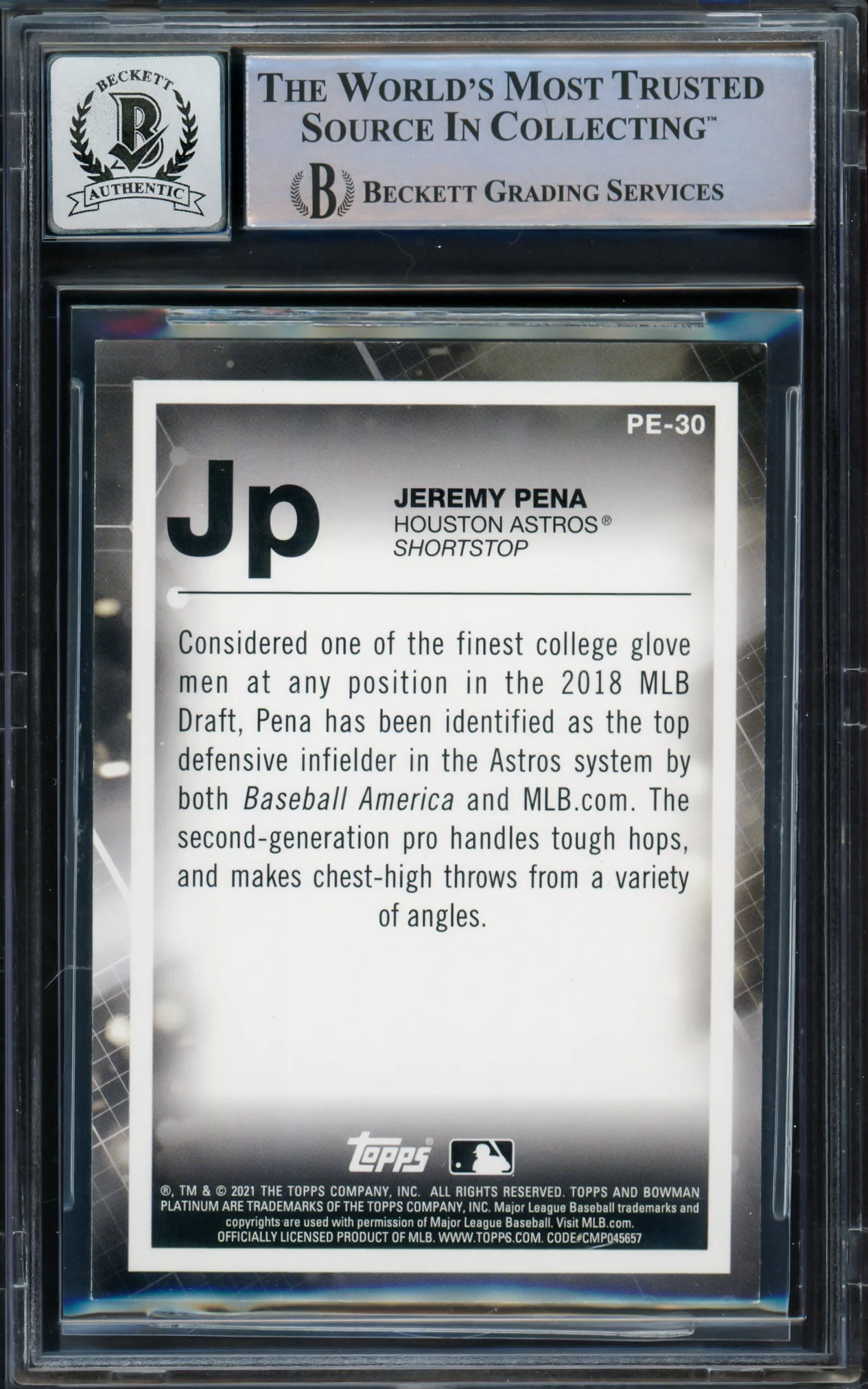 Jeremy Pena Autographed 2021 Bowman Platinum Rookie Card #PE-30 Houston Astros Auto Grade Gem Mint 10 Beckett BAS #16543442 - Image 2