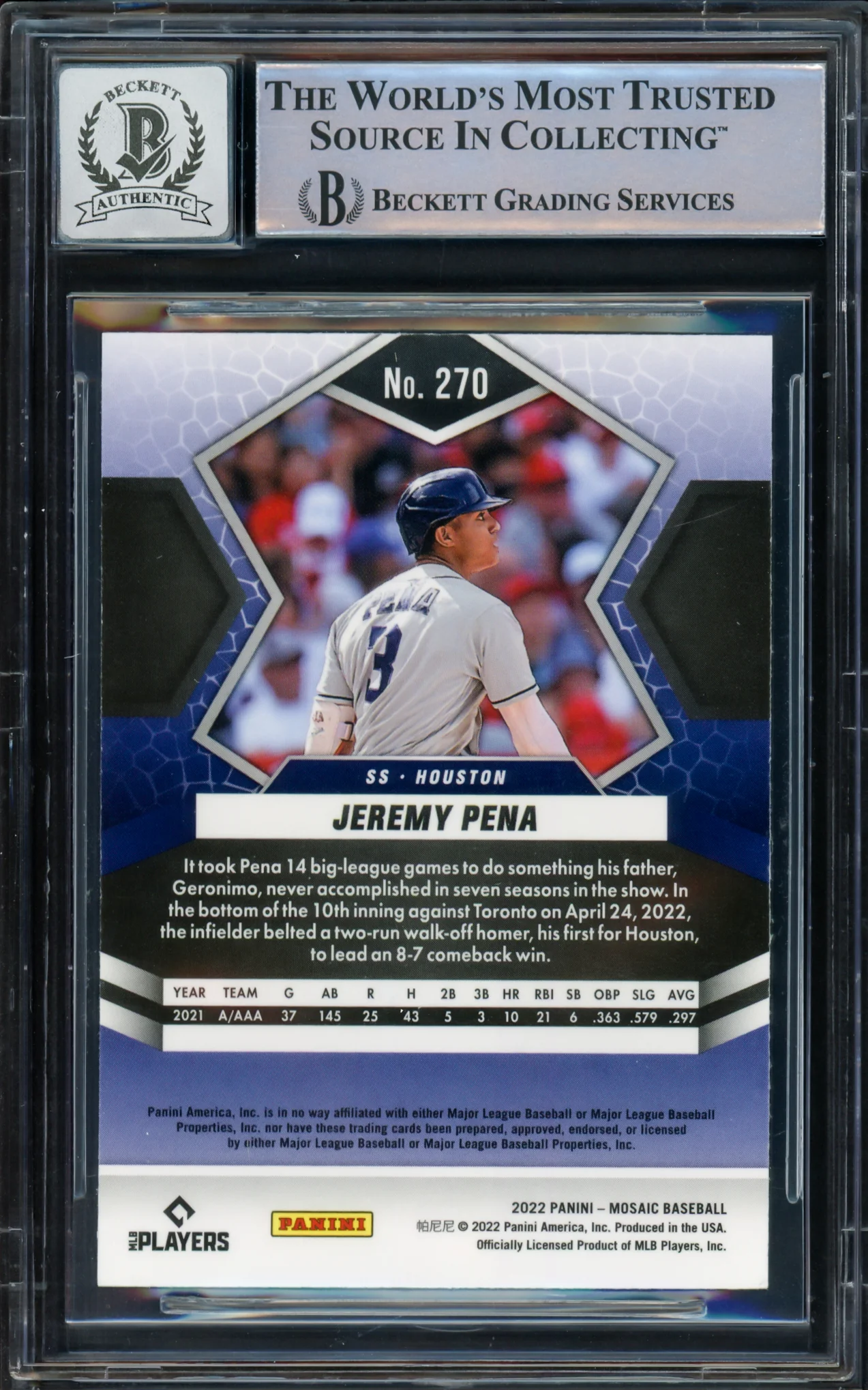 Jeremy Pena Autographed 2022 Donruss Mosaic Rookie Card #270 Houston Astros Auto Grade Gem Mint 10 Beckett BAS #16543453 - Image 2