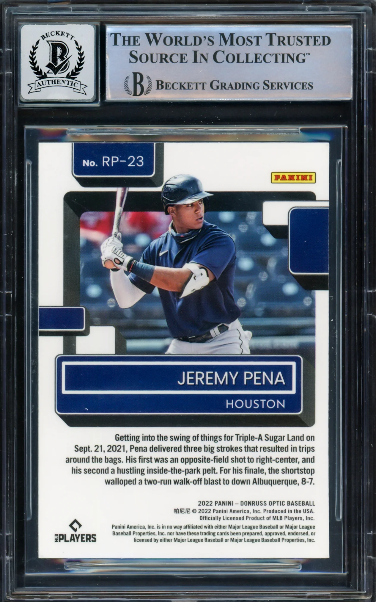 Jeremy Pena Autographed 2022 Donruss Optic Rookie Card #RP23 Houston Astros Auto Grade Gem Mint 10 Beckett BAS #16543449 - Image 2