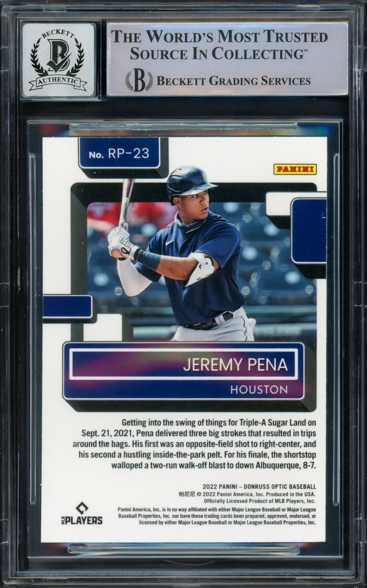 Jeremy Pena Autographed 2022 Donruss Optic Rookie Card #RP23 Houston Astros Auto Grade Gem Mint 10 Beckett BAS #16543452 - Image 2