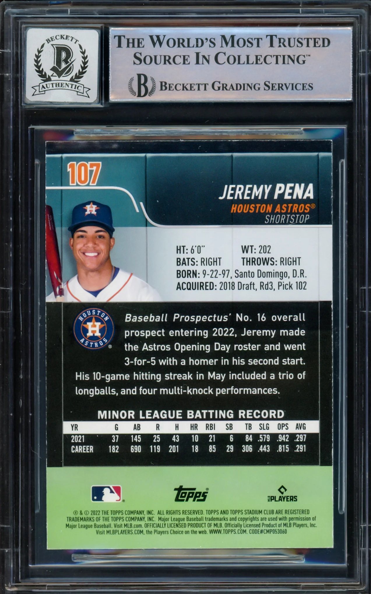 Jeremy Pena Autographed 2022 Stadium Club Rookie Card #107 Houston Astros Auto Grade Gem Mint 10 Blue Beckett BAS #16543463 - Image 2