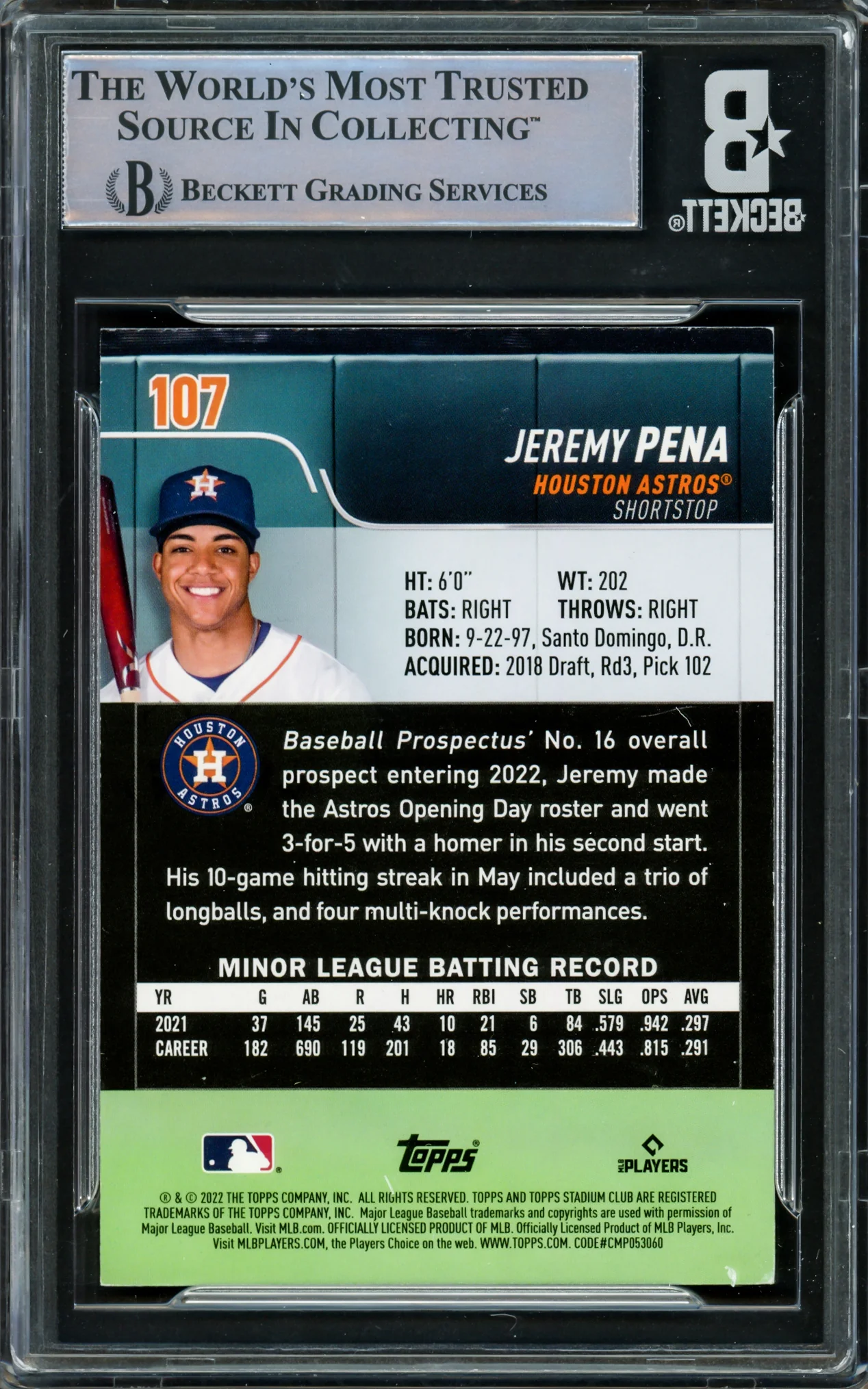 Jeremy Pena Autographed 2022 Stadium Club Rookie Card #107 Houston Astros Beckett BAS #16545677 - Image 2