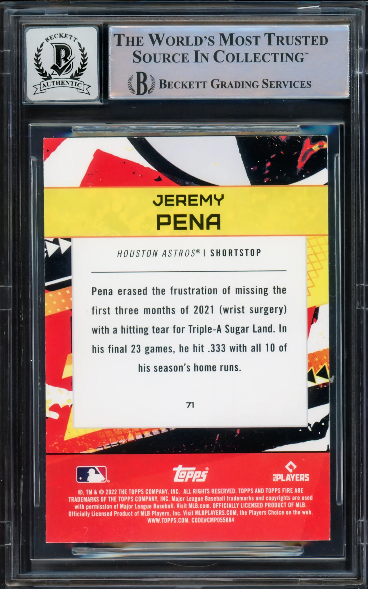 Jeremy Pena Autographed 2022 Topps Fire Rookie Card #71 Houston Astros Auto Grade Gem Mint 10 Beckett BAS #16543498 - Image 2