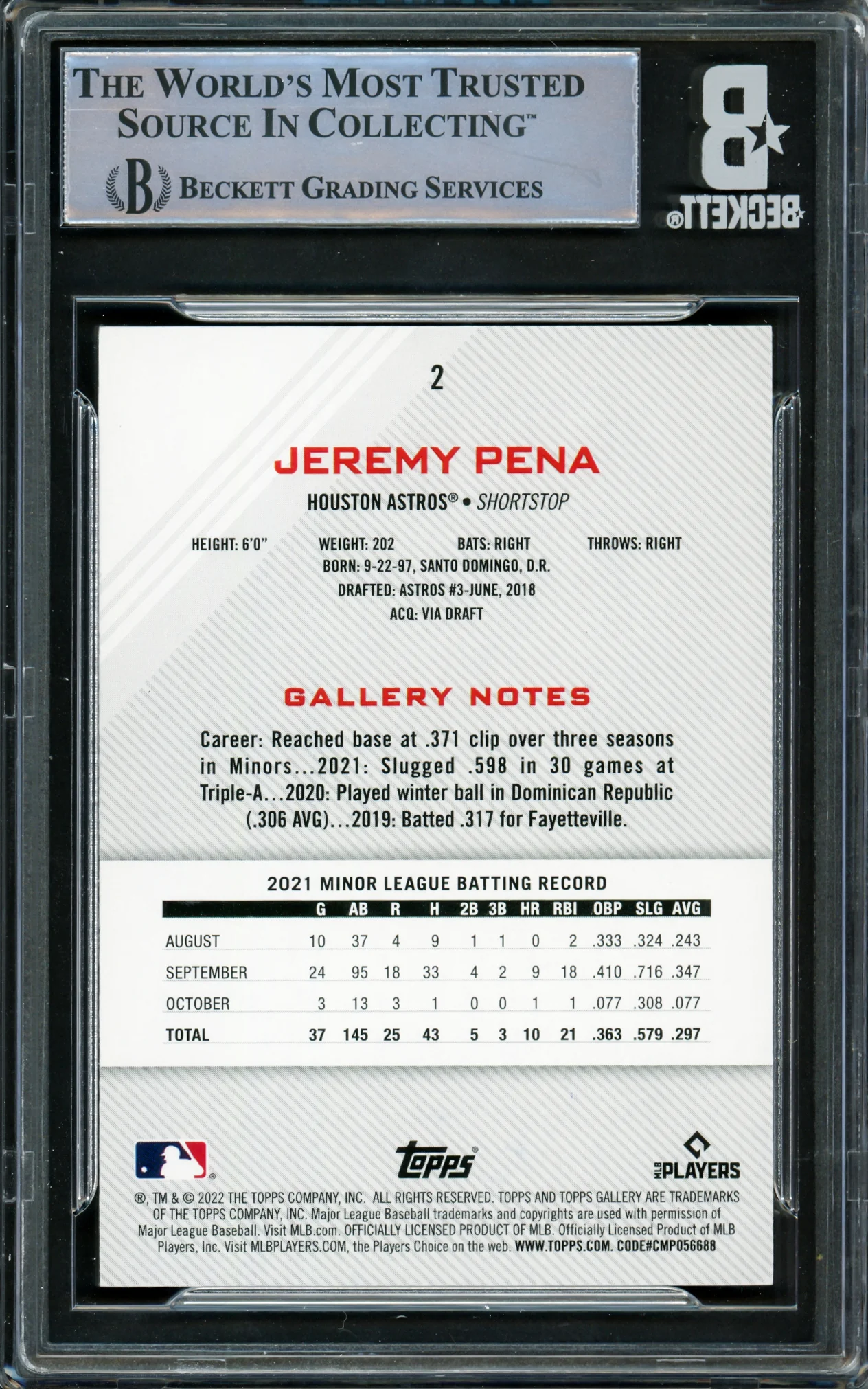 Jeremy Pena Autographed 2022 Topps Gallery Printers Proof Rookie Card #2 Houston Astros Beckett BAS #16545684 - Image 2