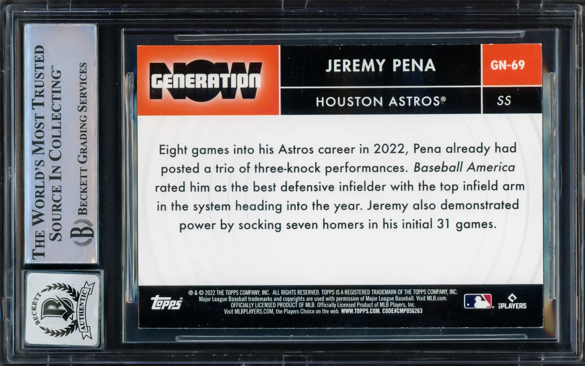 Jeremy Pena Autographed 2022 Topps Generation Now Rookie Card #GN-69 Houston Astros Auto Grade Gem Mint 10 Beckett BAS #16543492 - Image 2