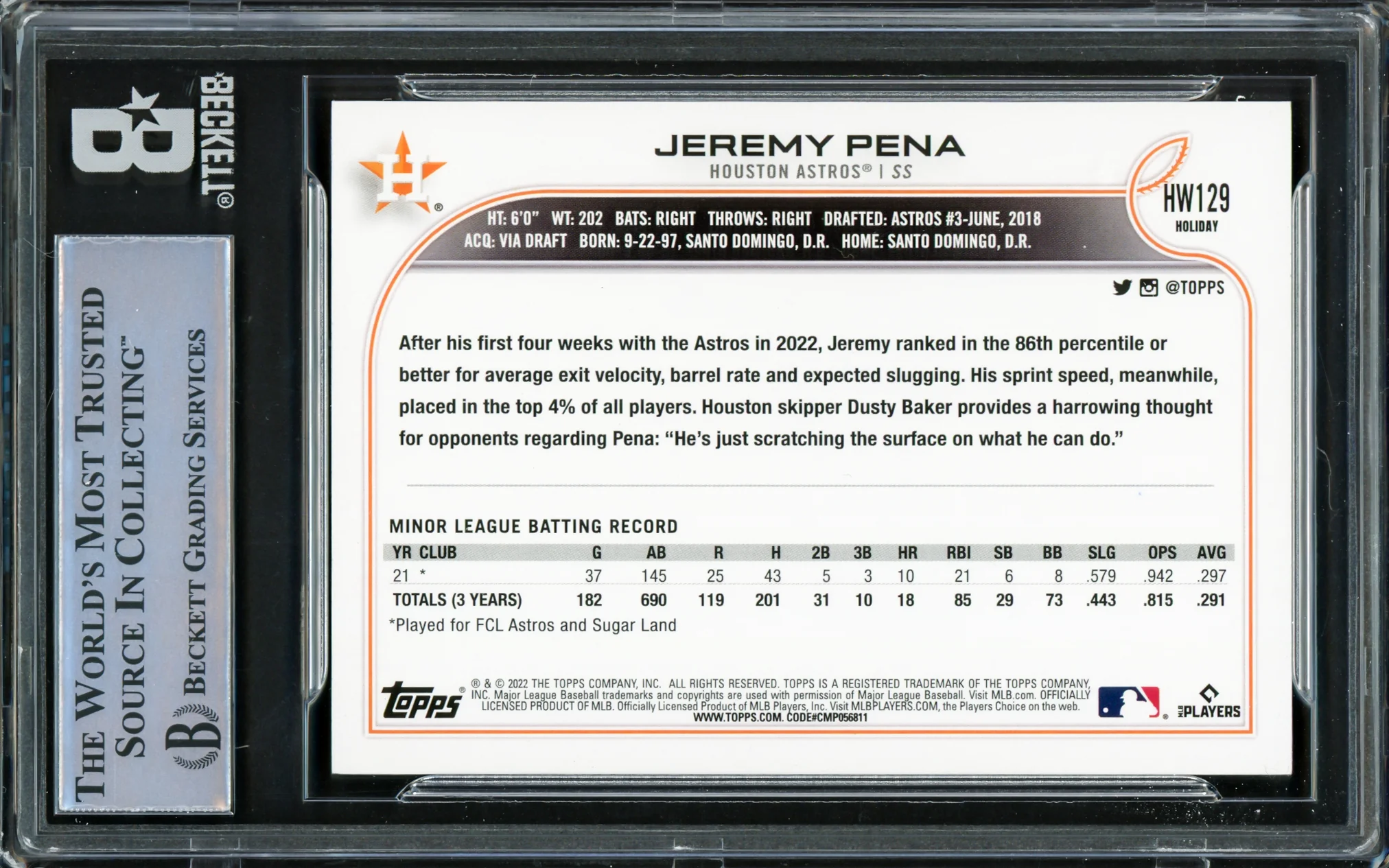 Jeremy Pena Autographed 2022 Topps Holiday Rookie Card #HW129 Houston Astros Beckett BAS #16545680 - Image 2