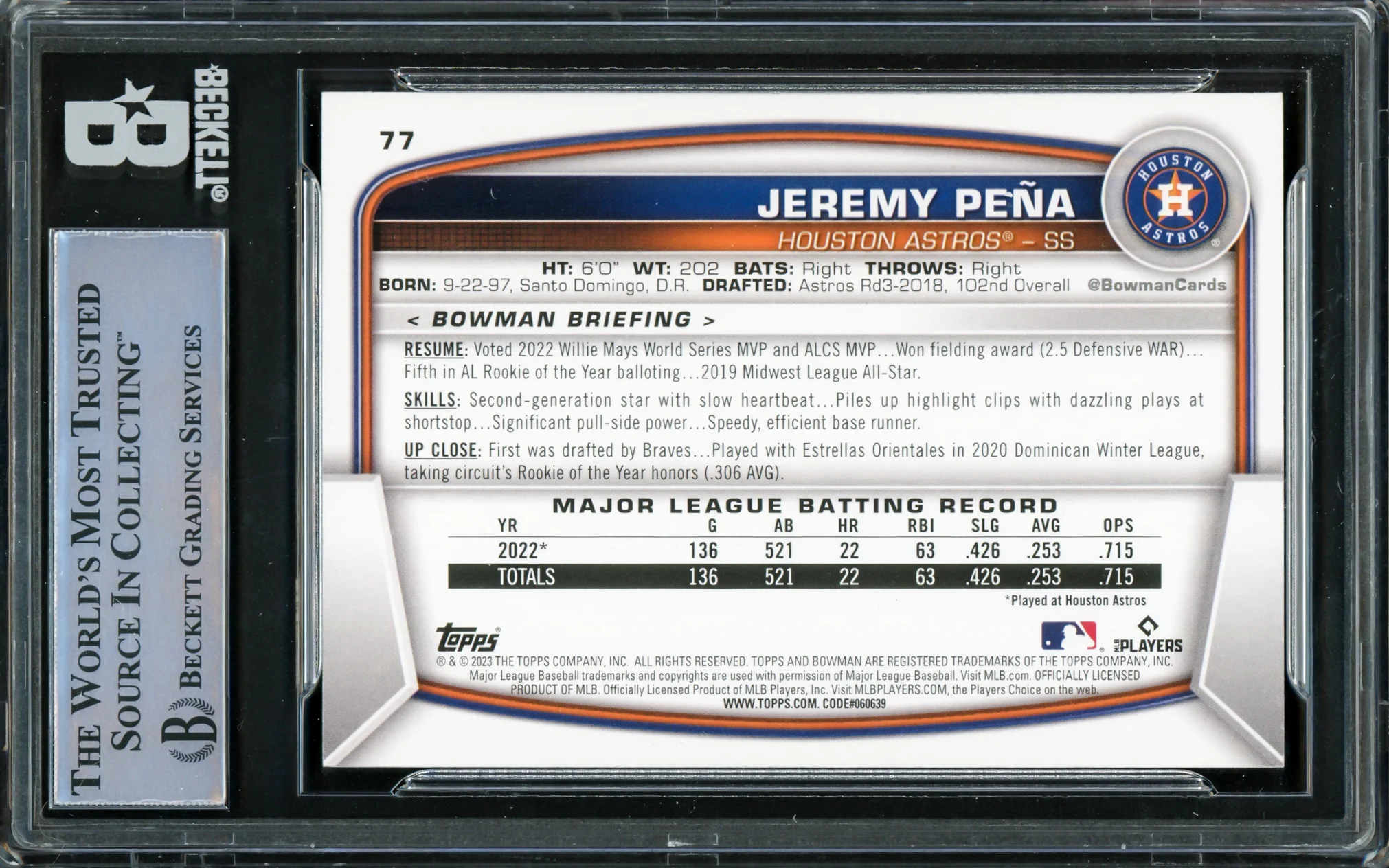 Jeremy Pena Autographed 2023 Bowman Card #77 Houston Astros Full Name Beckett BAS #16545687 - Image 2