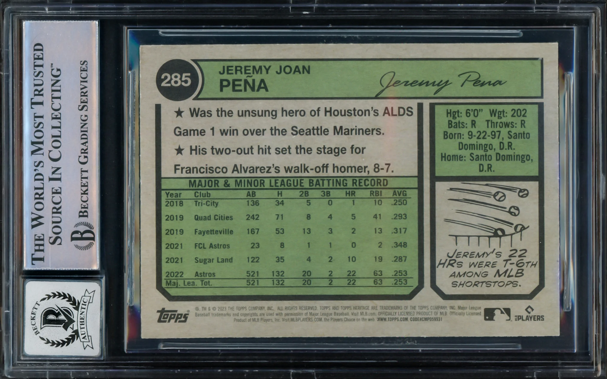 Jeremy Pena Autographed 2023 Topps Heritage Card #285 Houston Astros Auto Grade Gem Mint 10 Beckett BAS #16543770 - Image 2