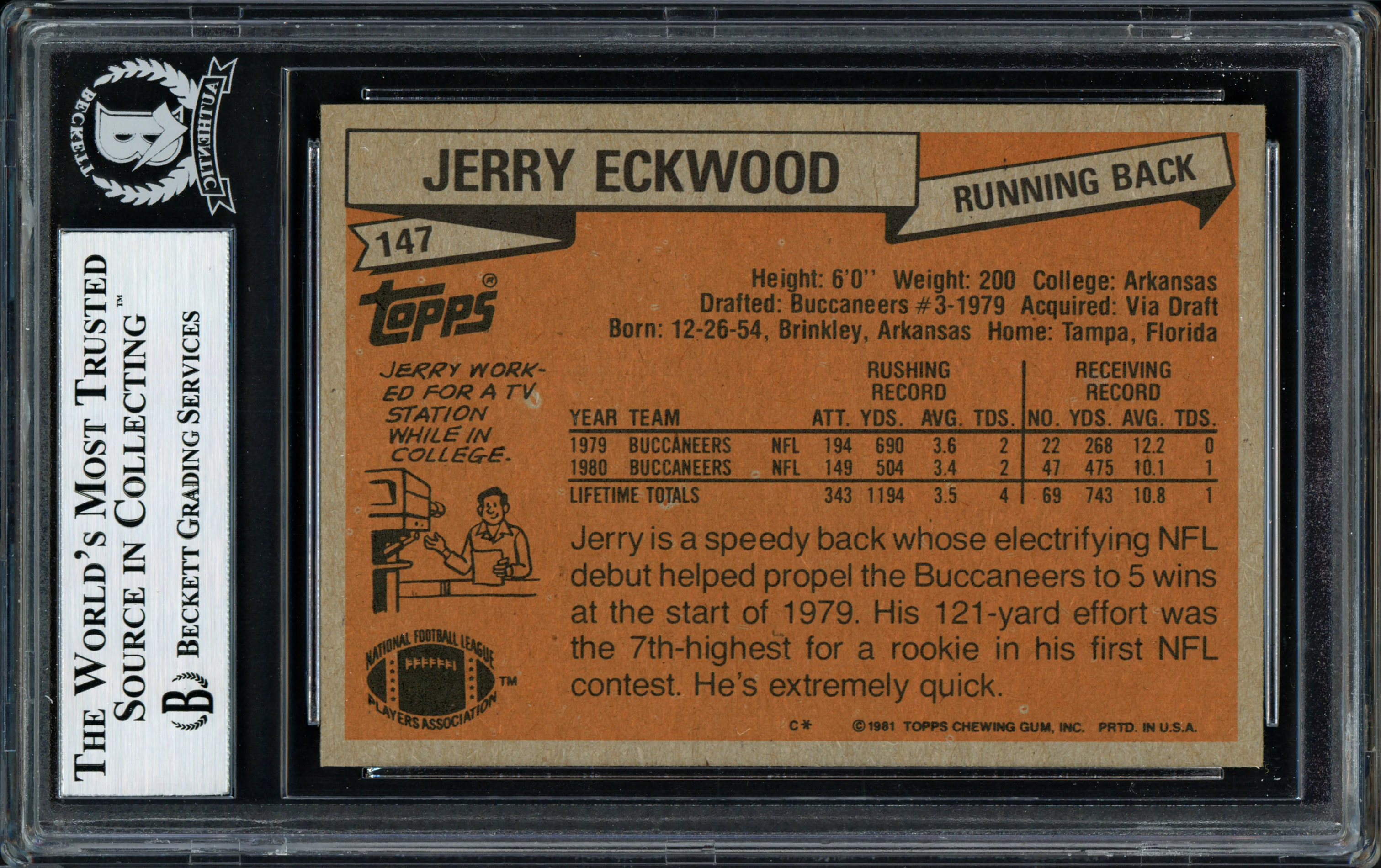 Jerry Eckwood Autographed 1981 Topps Card #147 Tampa Bay Buccaneers Beckett BAS #12058720 - Image 2