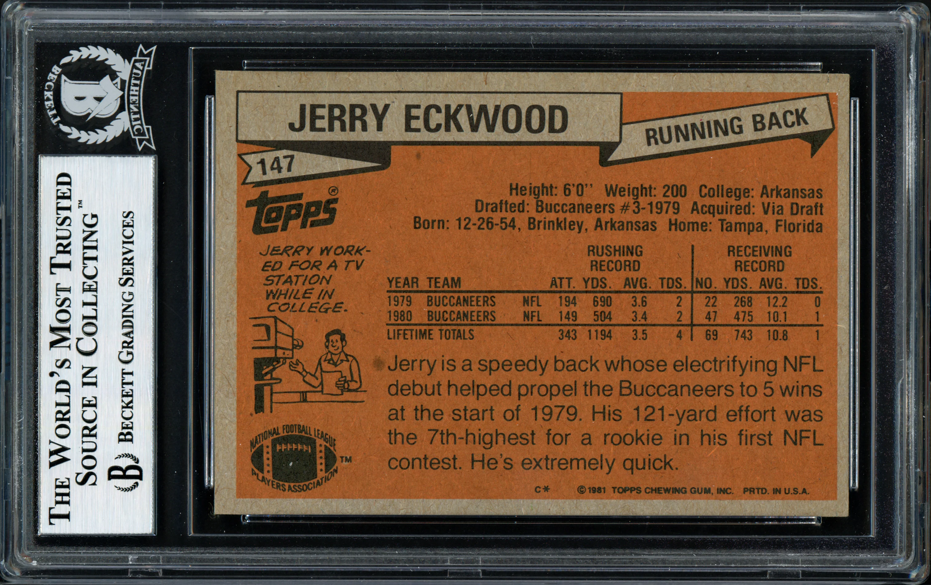 Jerry Eckwood Autographed 1981 Topps Card #147 Tampa Bay Buccaneers Beckett BAS #12058721 - Image 2