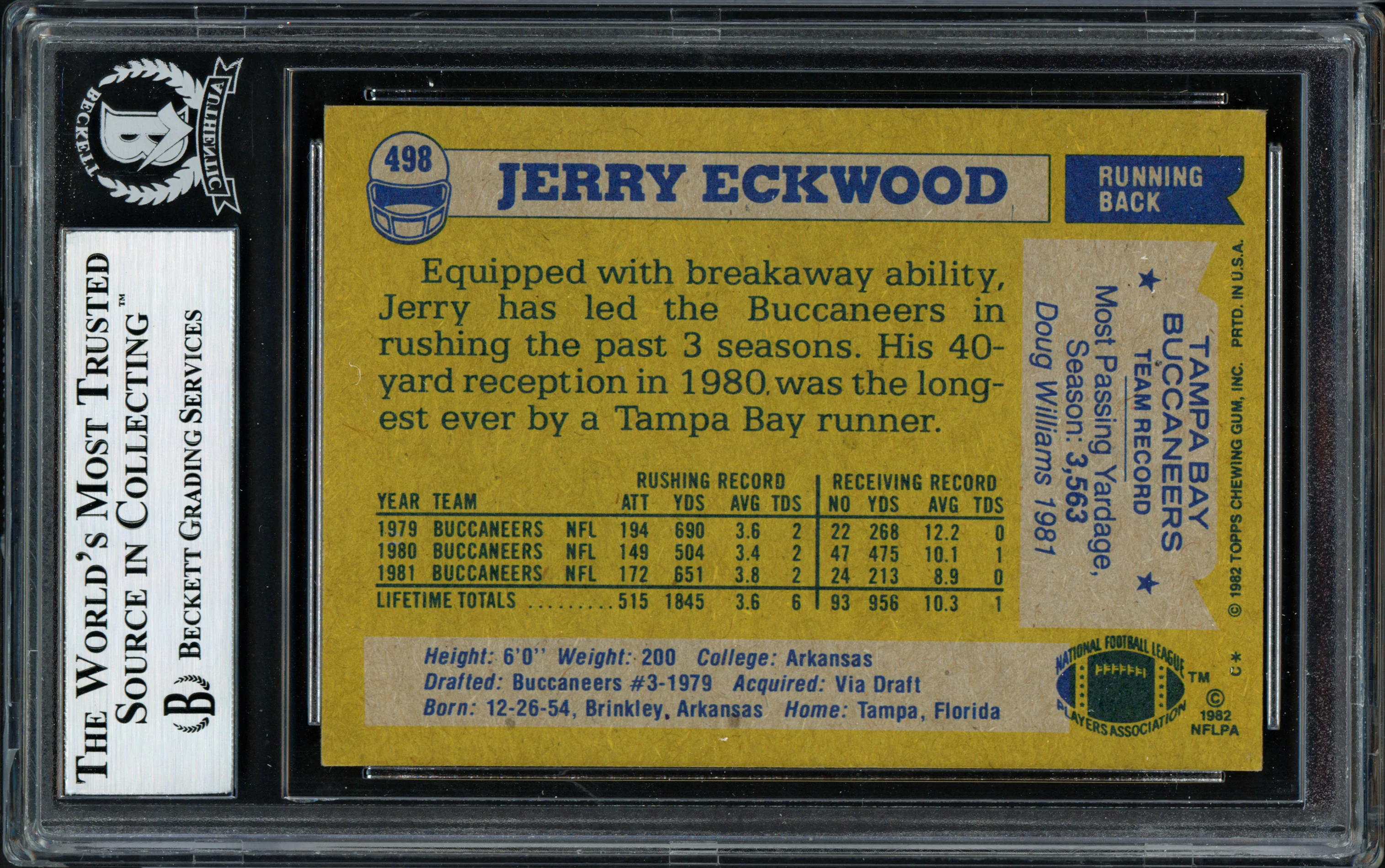Jerry Eckwood Autographed 1982 Topps Card #498 Tampa Bay Buccaneers Beckett BAS #12058744 - Image 2