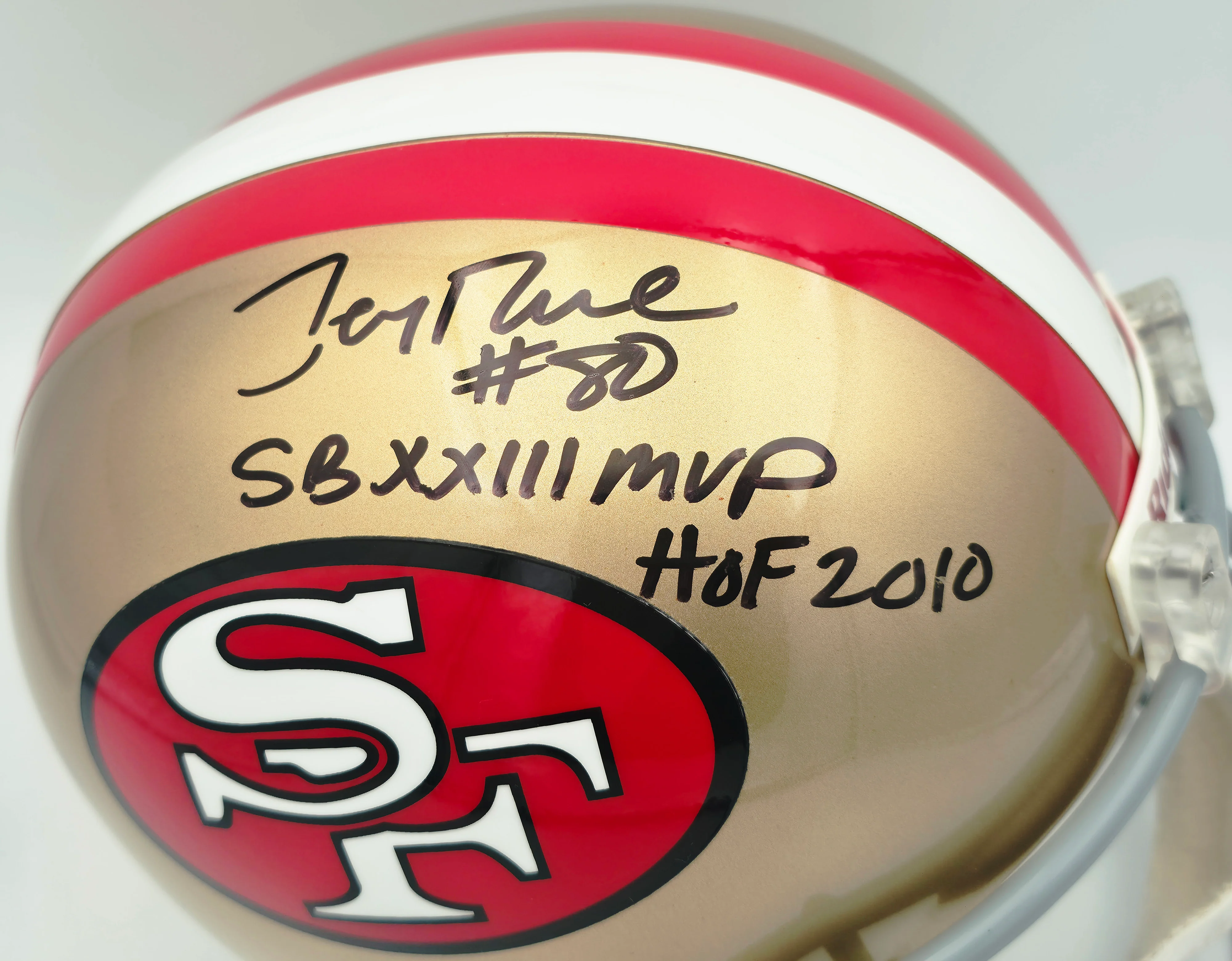 Jerry Rice Autographed San Francisco 49ers Gold Full Size Replica Helmet "SB XXIII MVP HOF 2010" #13/23 UDA Holo #SHO93568 - Image 2