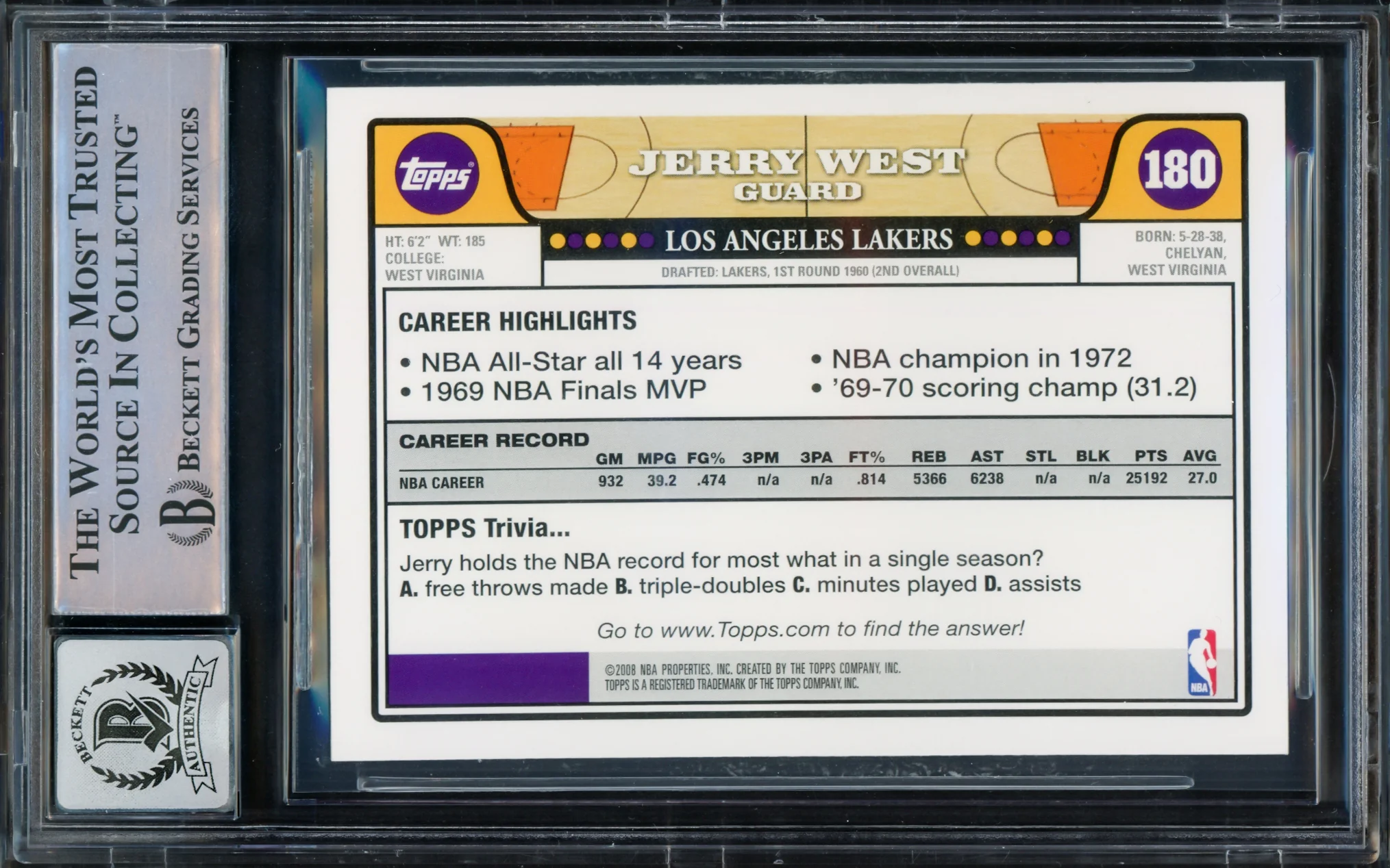 Jerry West Autographed 2008-09 Topps Card #180 Card Los Angeles Lakers Auto Grade Gem Mint 10 Beckett BAS Stock #235077 - Image 2