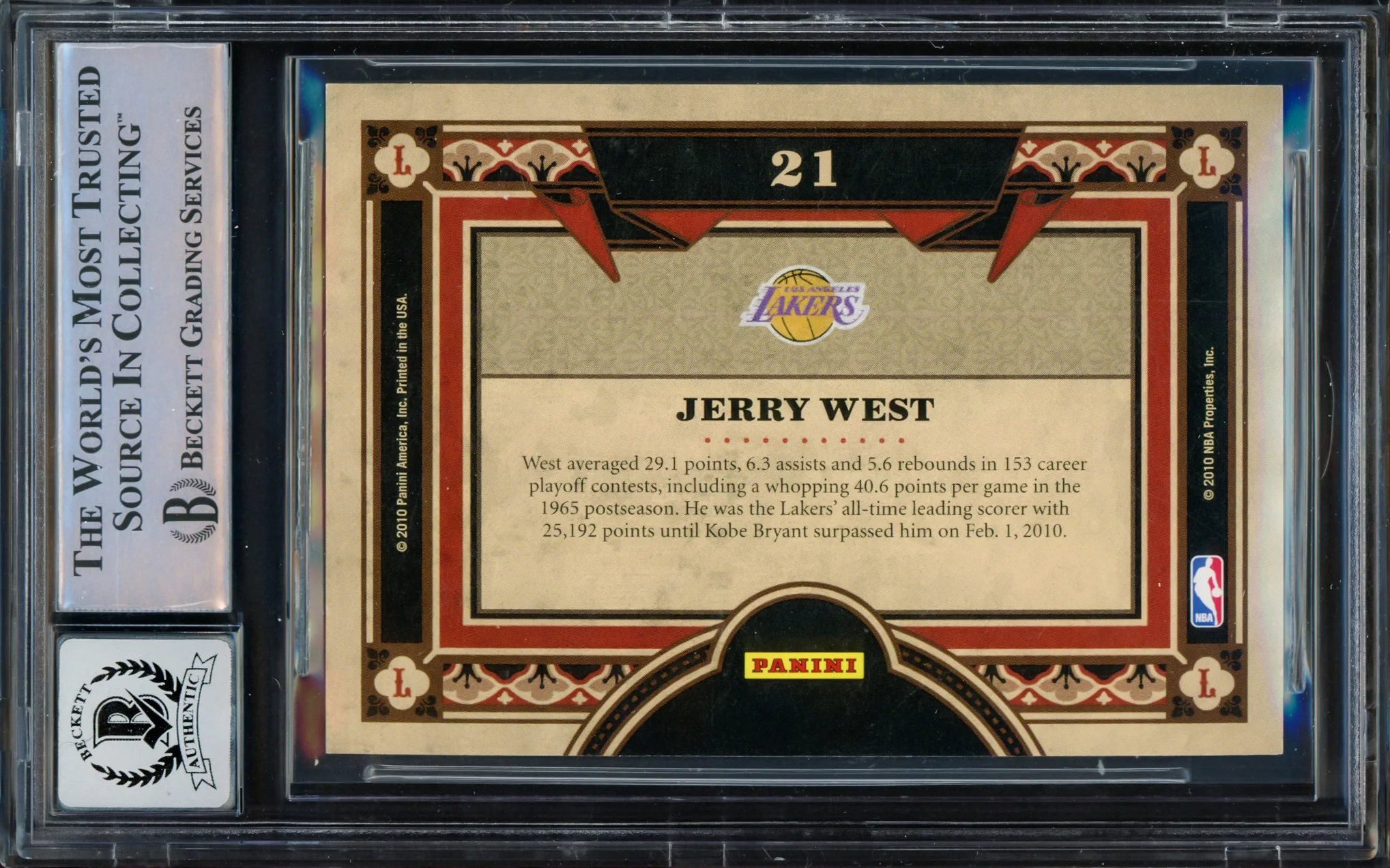 Jerry West Autographed 2009-10 Crown Royale Living Legends Card #21 Card Los Angeles Lakers Auto Grade Gem Mint 10 Beckett BAS Stock #235079 - Image 2