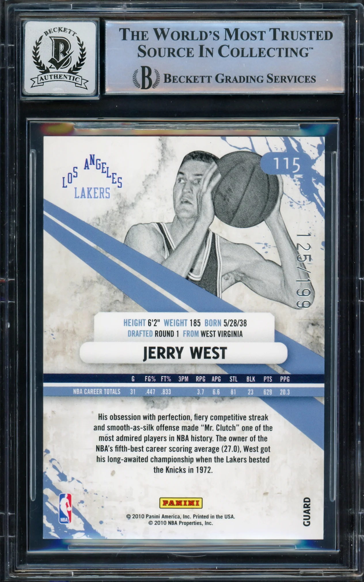 Jerry West Autographed 2010-11 Rookies & Stars Gold Holofoil Card #115 Card Los Angeles Lakers Auto Grade Gem Mint 10 Beckett BAS Stock #235080 - Image 2