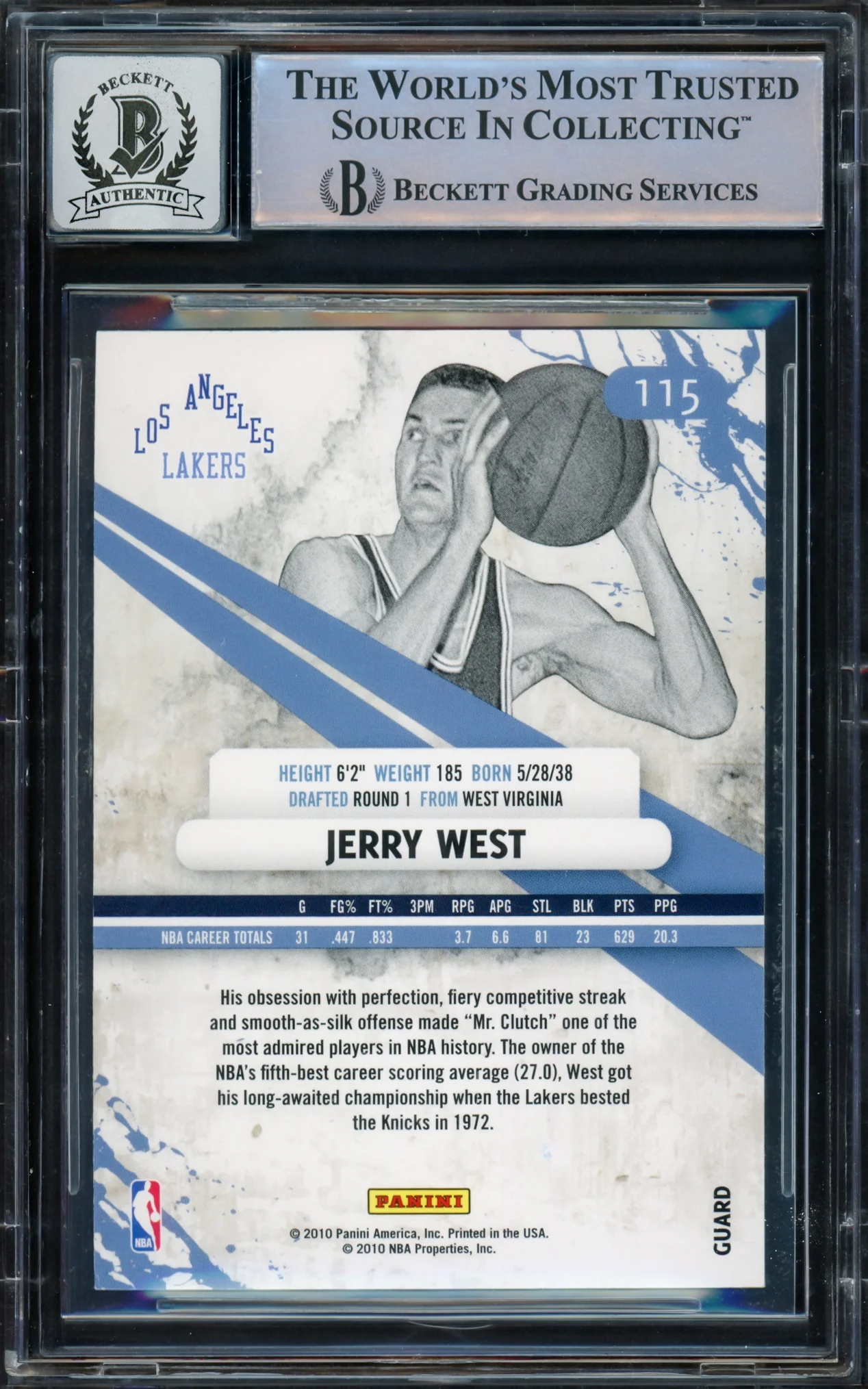 Jerry West Autographed 2010-11 Rookies & Stars Longevity Card #115 Card Los Angeles Lakers Auto Grade Gem Mint 10 Beckett BAS Stock #235081 - Image 2