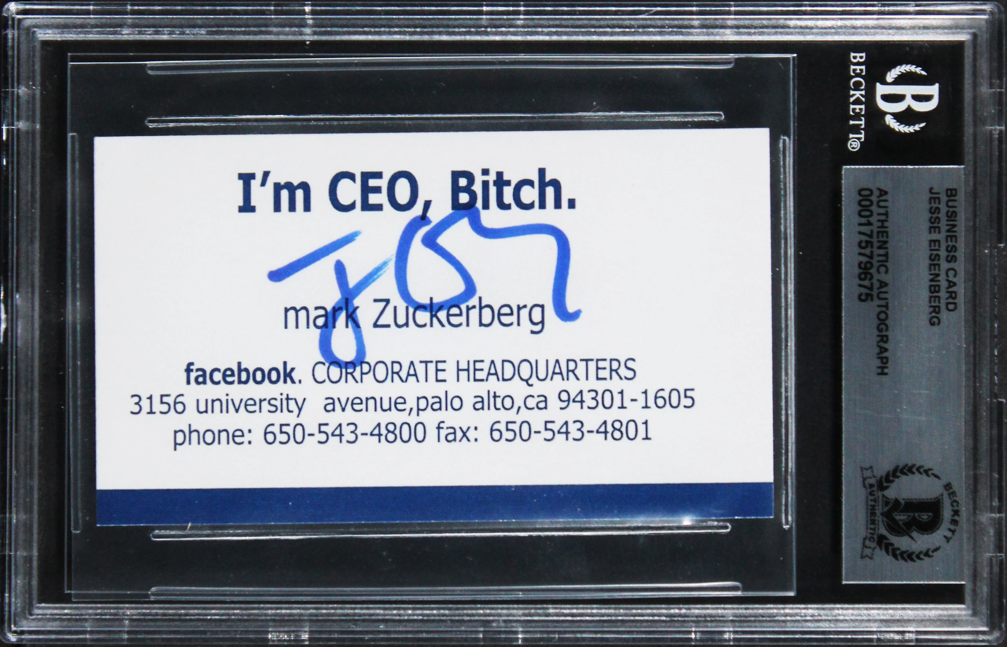 Jesse Eisenberg The Social Network Authentic Signed Business Card BAS Slabbed 3 - Image 2