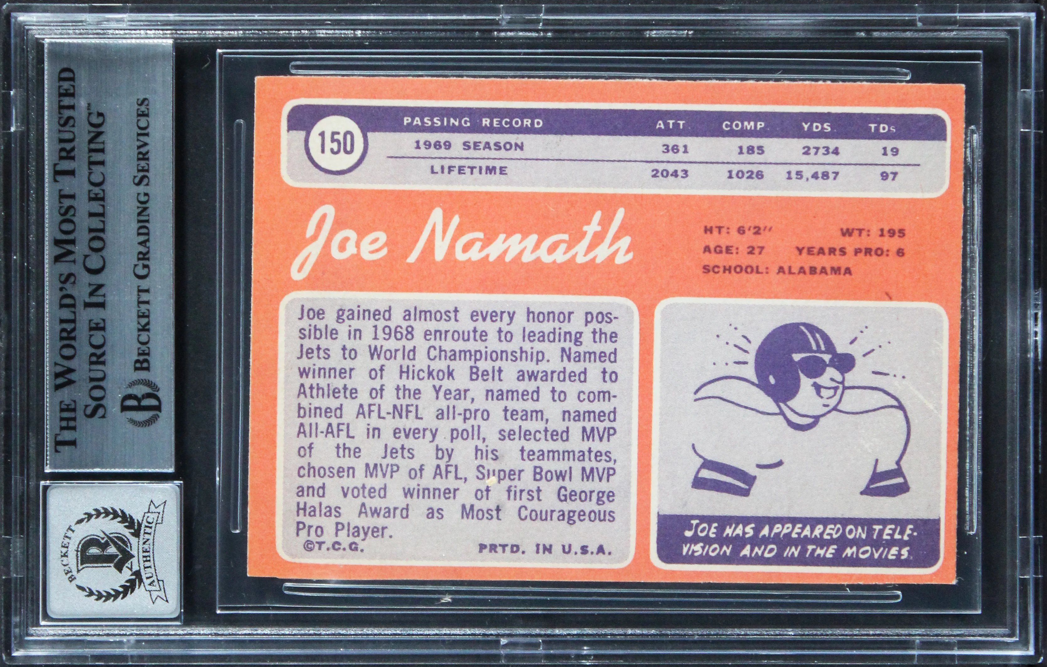 Jets Joe Namath Authentic Signed 1970 Topps #150 Card Auto 10! BAS Slabbed 2 - Image 3