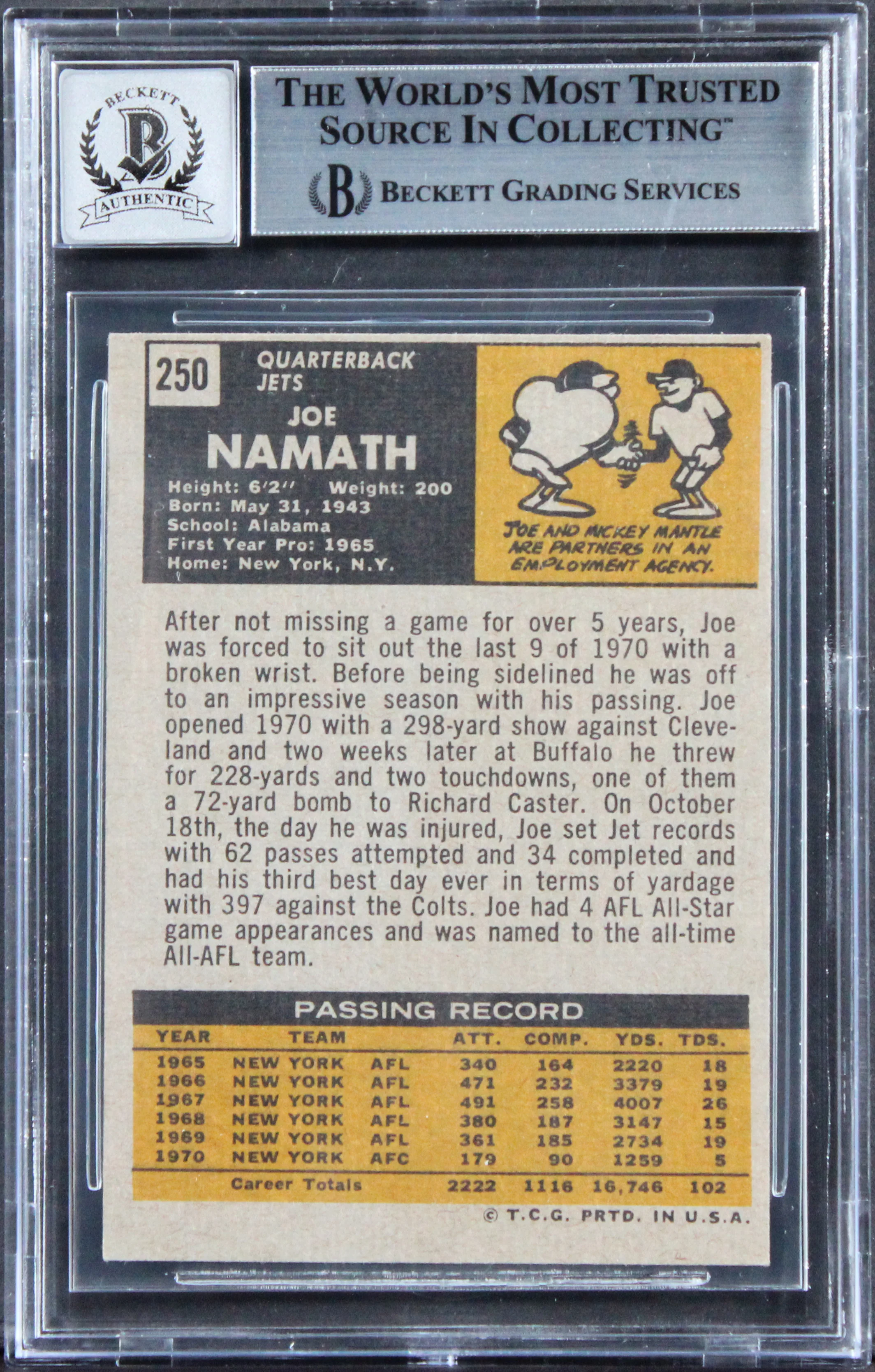 Jets Joe Namath Authentic Signed 1971 Topps #250 Card Auto 10! BAS Slabbed 2 - Image 3