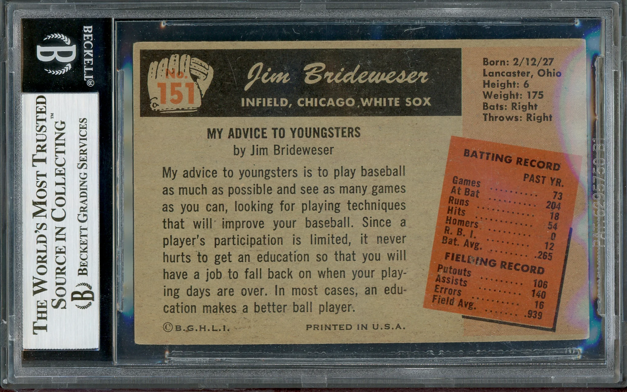 Jim Brideweser Autographed 1955 Bowman Card #151 Chicago White Sox Beckett BAS #13020995 - Image 4