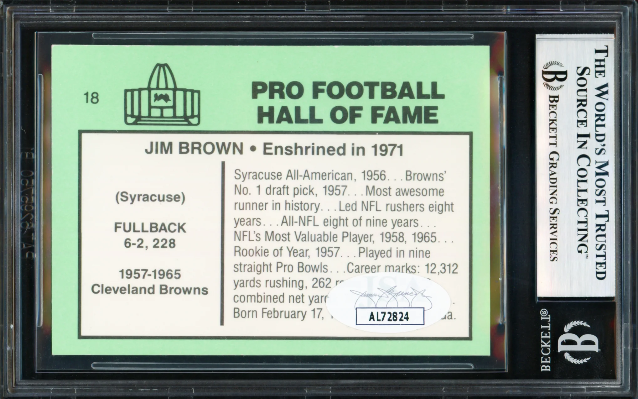 Jim Brown Autographed 1985 Football Immortals Card #18 Cleveland Browns Beckett BAS #18278894 - Image 2