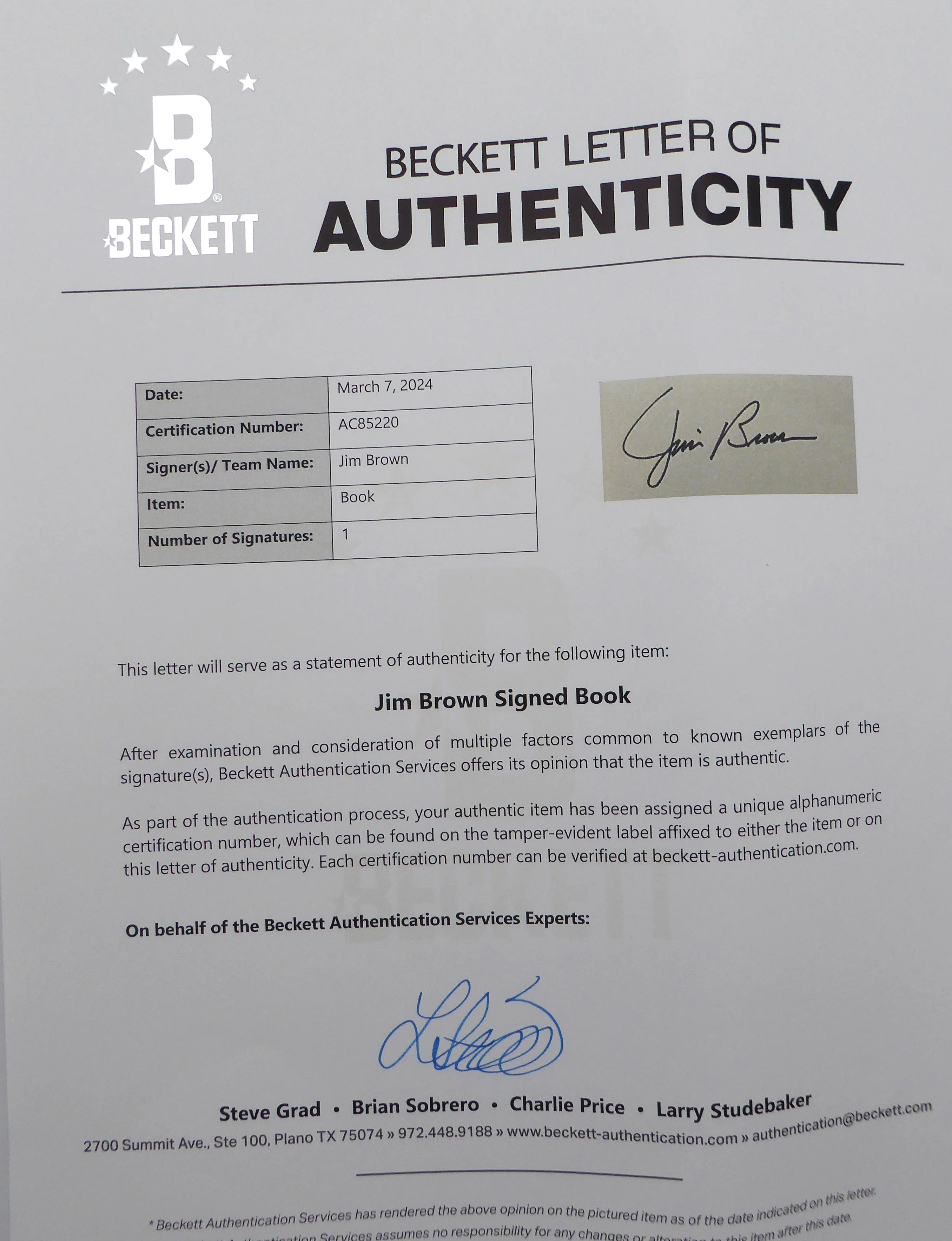 Jim Brown Autographed Book Cleveland Browns Beckett BAS #AC85220 - Image 5