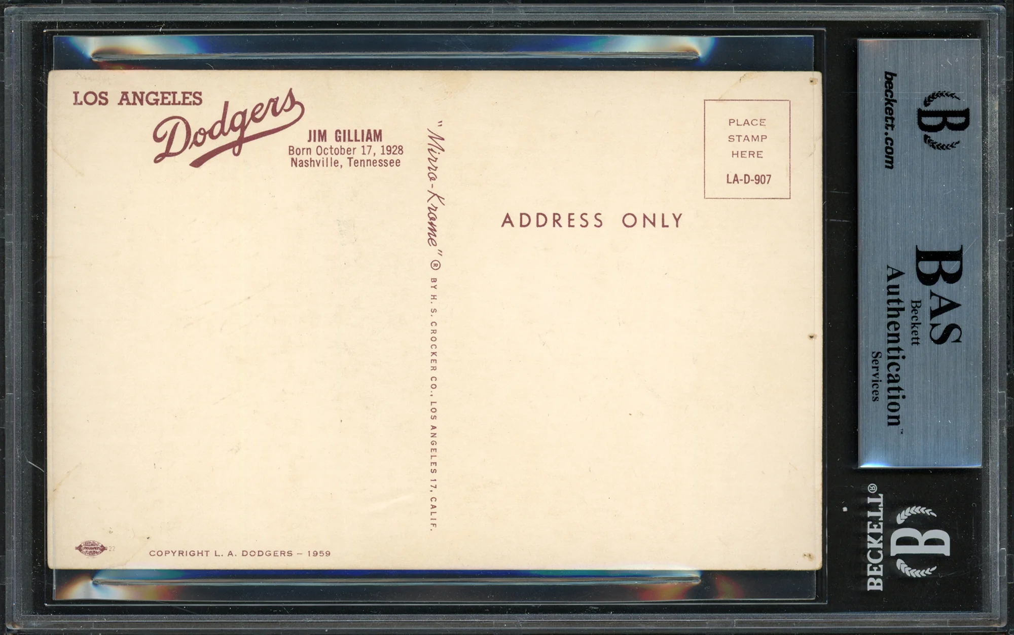 Jim Gilliam Autographed 1959 Mirro-Krome Postcard Los Angeles Dodgers (Damaged Signature) Beckett BAS #15502263 - Image 2