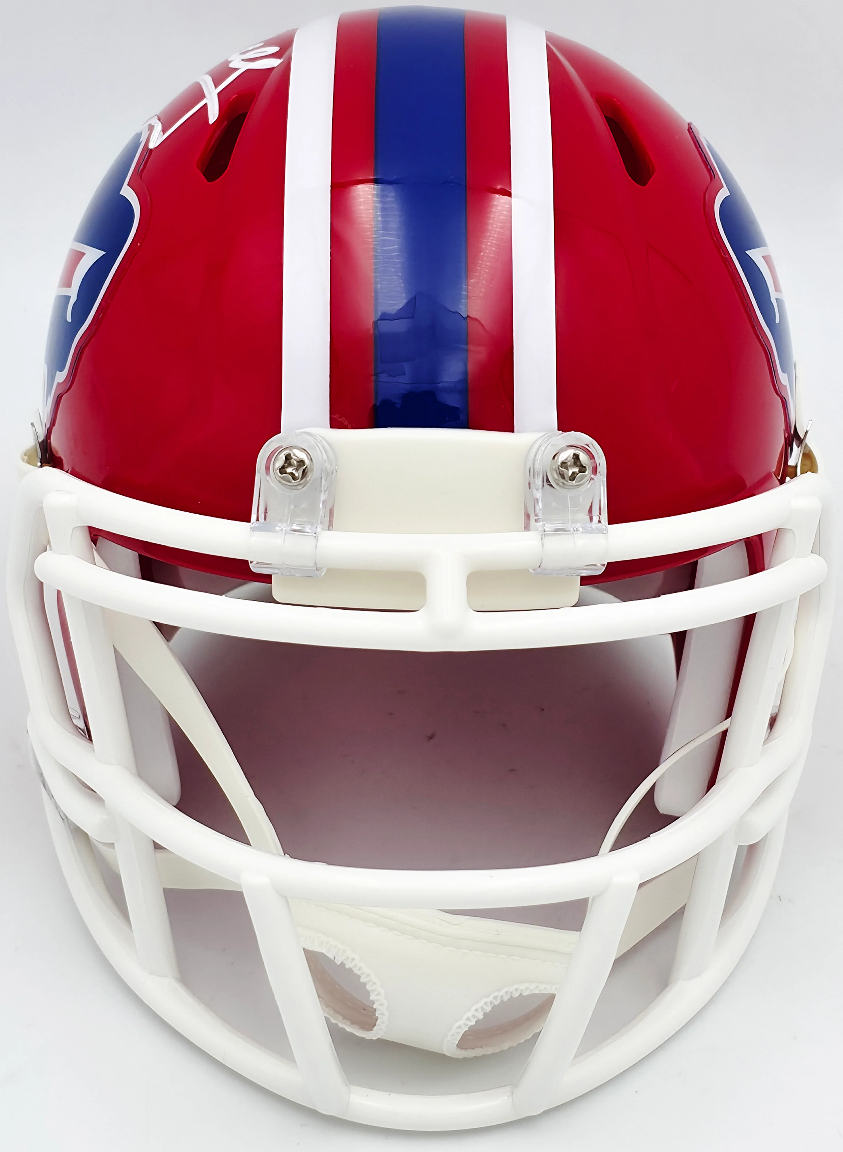Jim Kelly Autographed Buffalo Bills 1987-01 Throwback Red Speed Mini Helmet Beckett BAS Witness Stock #241391 - Image 3