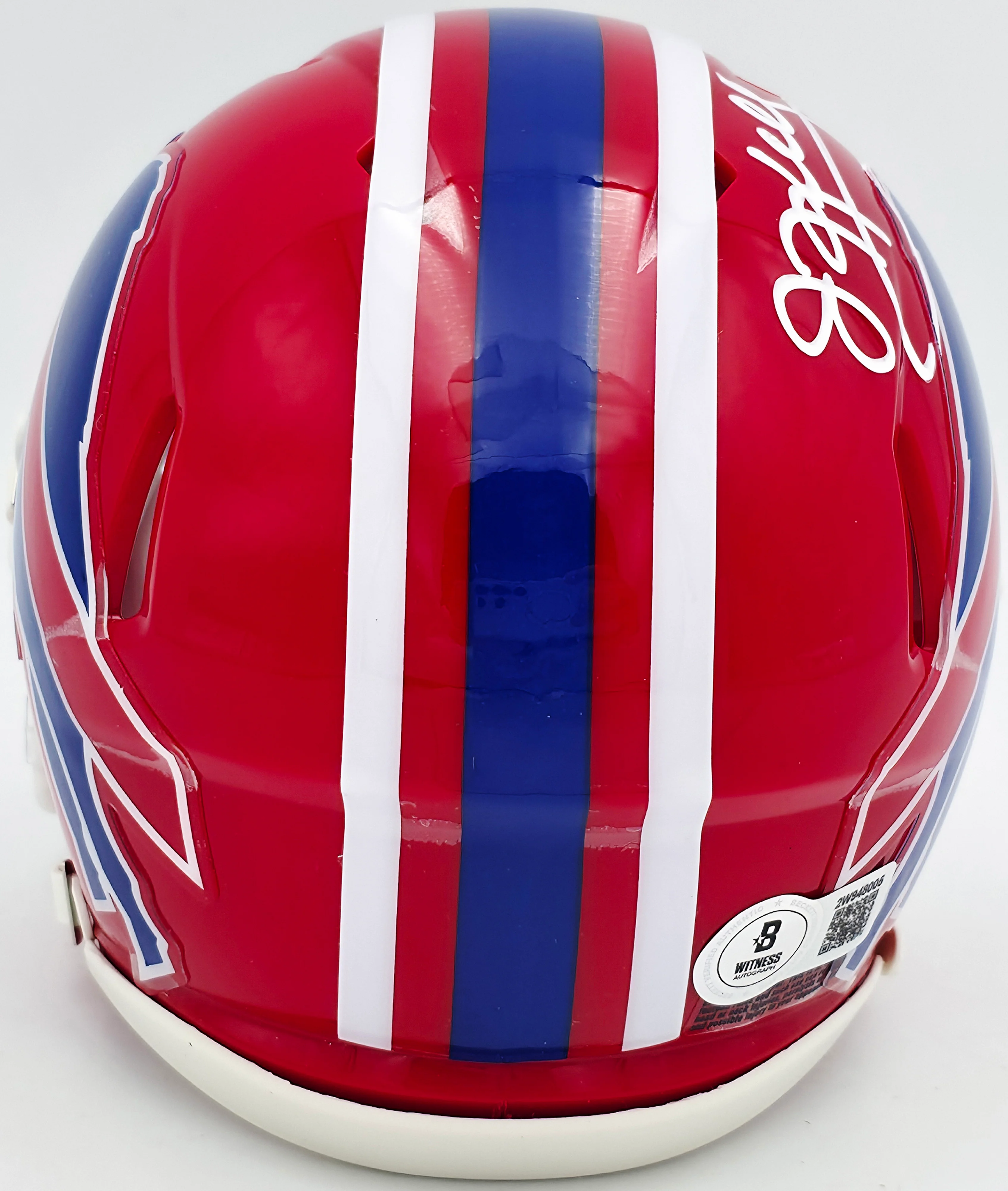 Jim Kelly Autographed Buffalo Bills 1987-01 Throwback Red Speed Mini Helmet Beckett BAS Witness Stock #241391 - Image 4