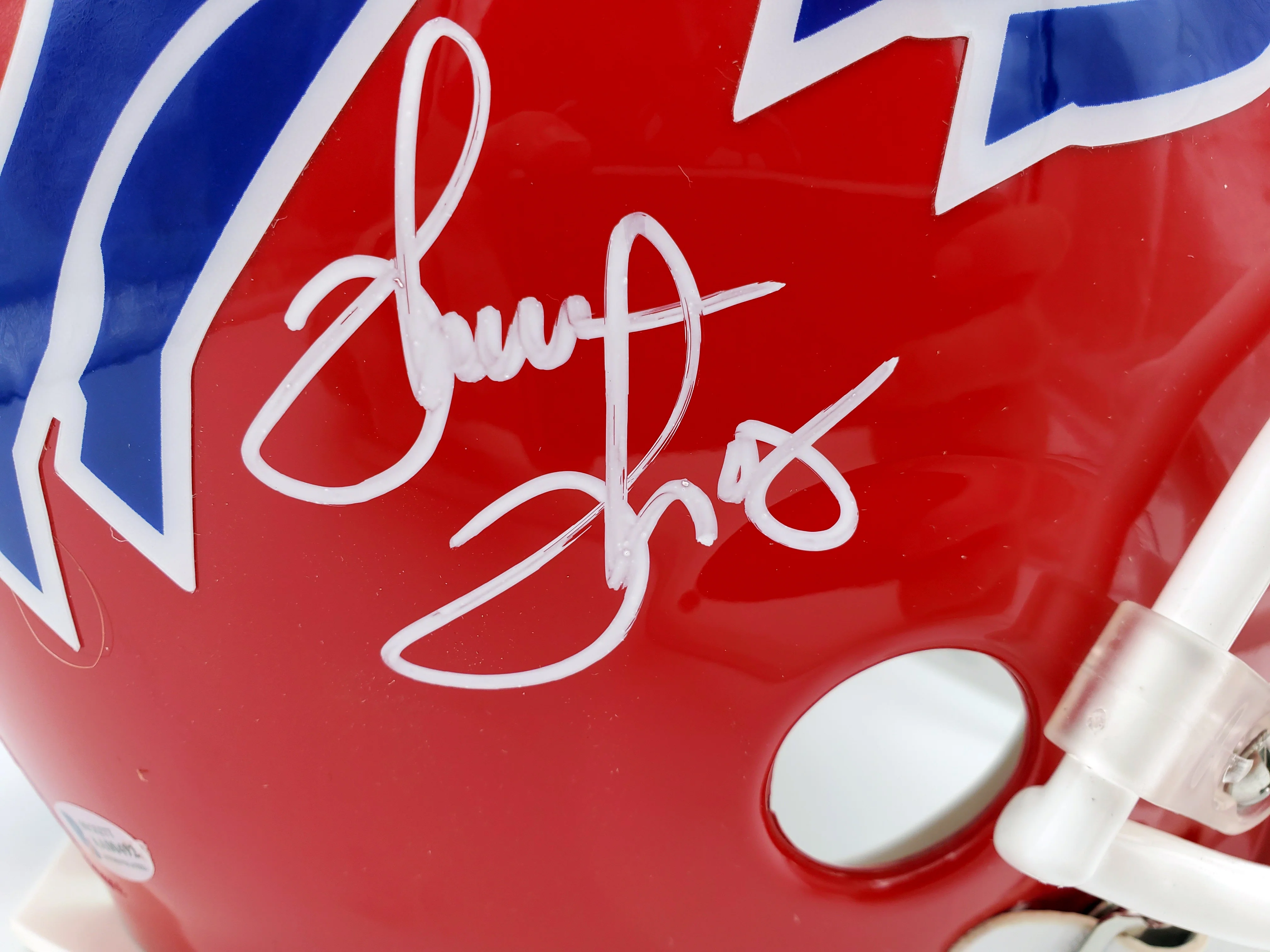 Buffalo Bills Team Greats Autographed Authentic Proline Full Size Red Helmet With 3 Signatures Including Jim Kelly, Thurman Thomas & Andre Reed Beckett BAS Stock #185862 - Image 3