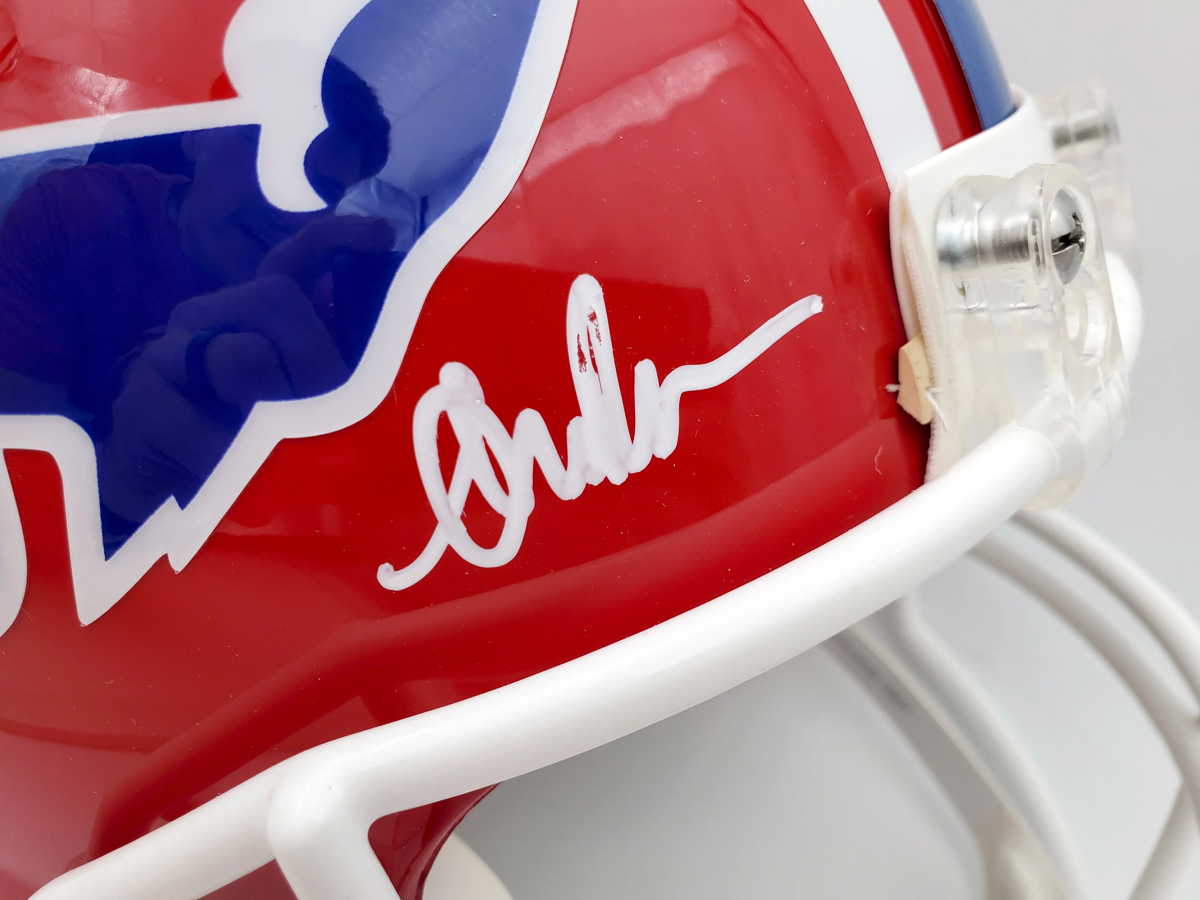 Buffalo Bills Team Greats Autographed Authentic Proline Full Size Red Helmet With 3 Signatures Including Jim Kelly, Thurman Thomas & Andre Reed Beckett BAS Stock #185862 - Image 4