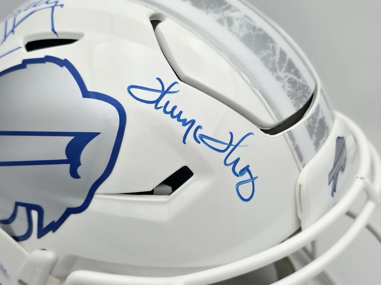 Jim Kelly, Thurman Thomas & Andre Reed Autographed Buffalo Bills Rivalries White Full Size Authentic Hyper Speed Flex Helmet Beckett BAS Witness Stock #256868 - Image 3