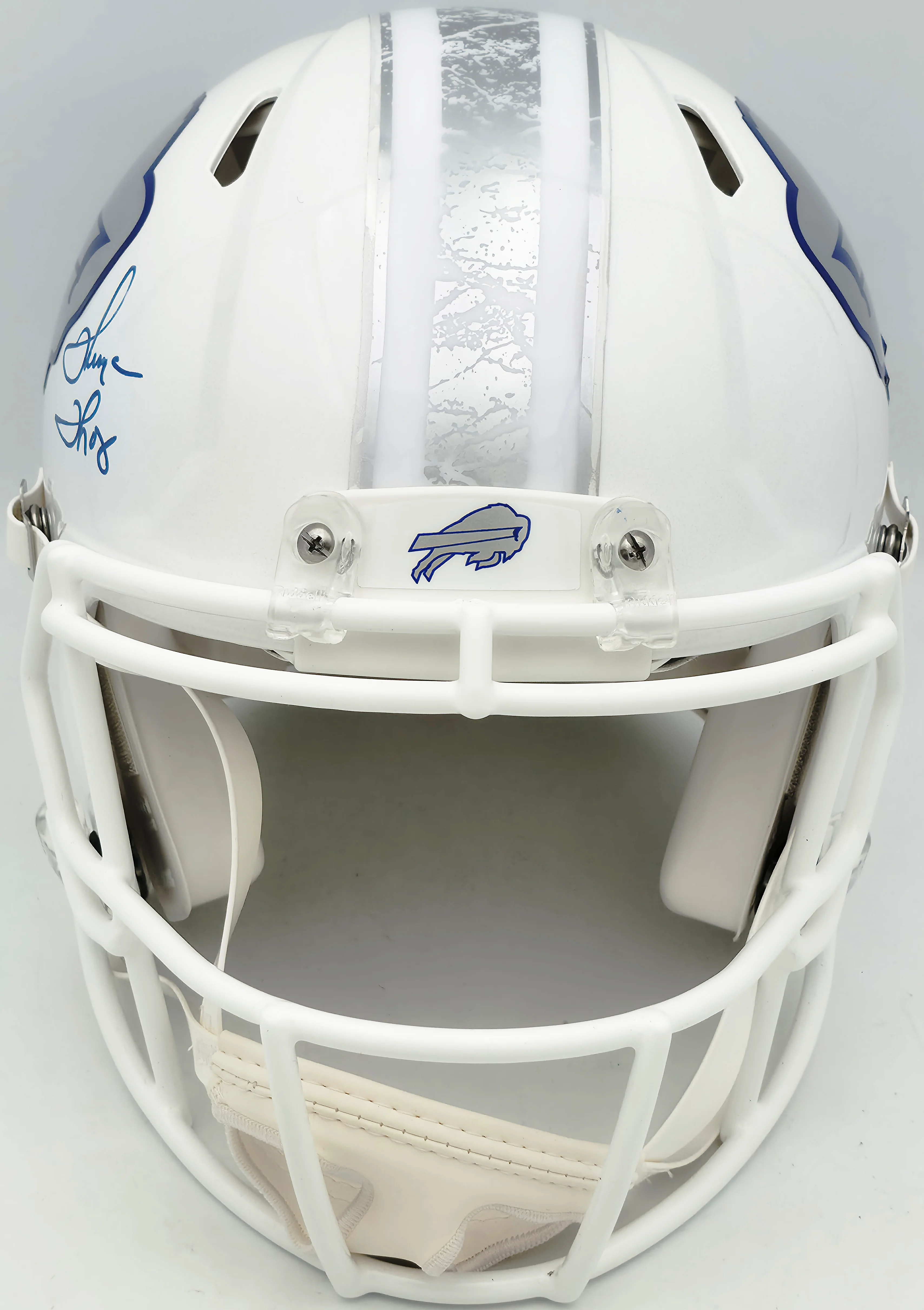 Jim Kelly, Thurman Thomas & Andre Reed Autographed Buffalo Bills Rivalries White Full Size Authentic Speed Helmet Beckett BAS Witness Stock #256870 - Image 5