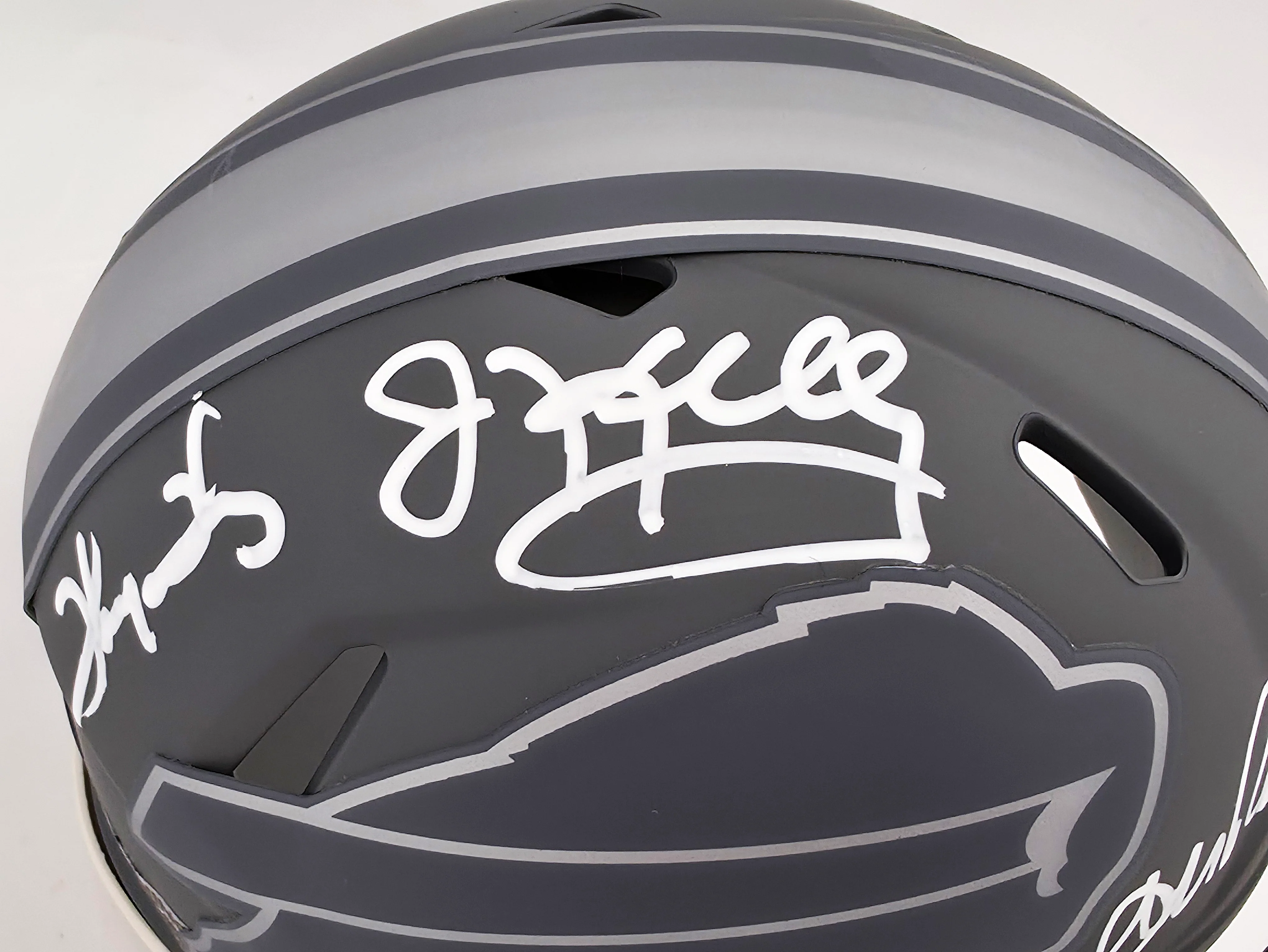 Jim Kelly, Thurman Thomas & Andre Reed Autographed Buffalo Bills Slate Gray Speed Mini Helmet Beckett BAS QR Stock #238933 - Image 2