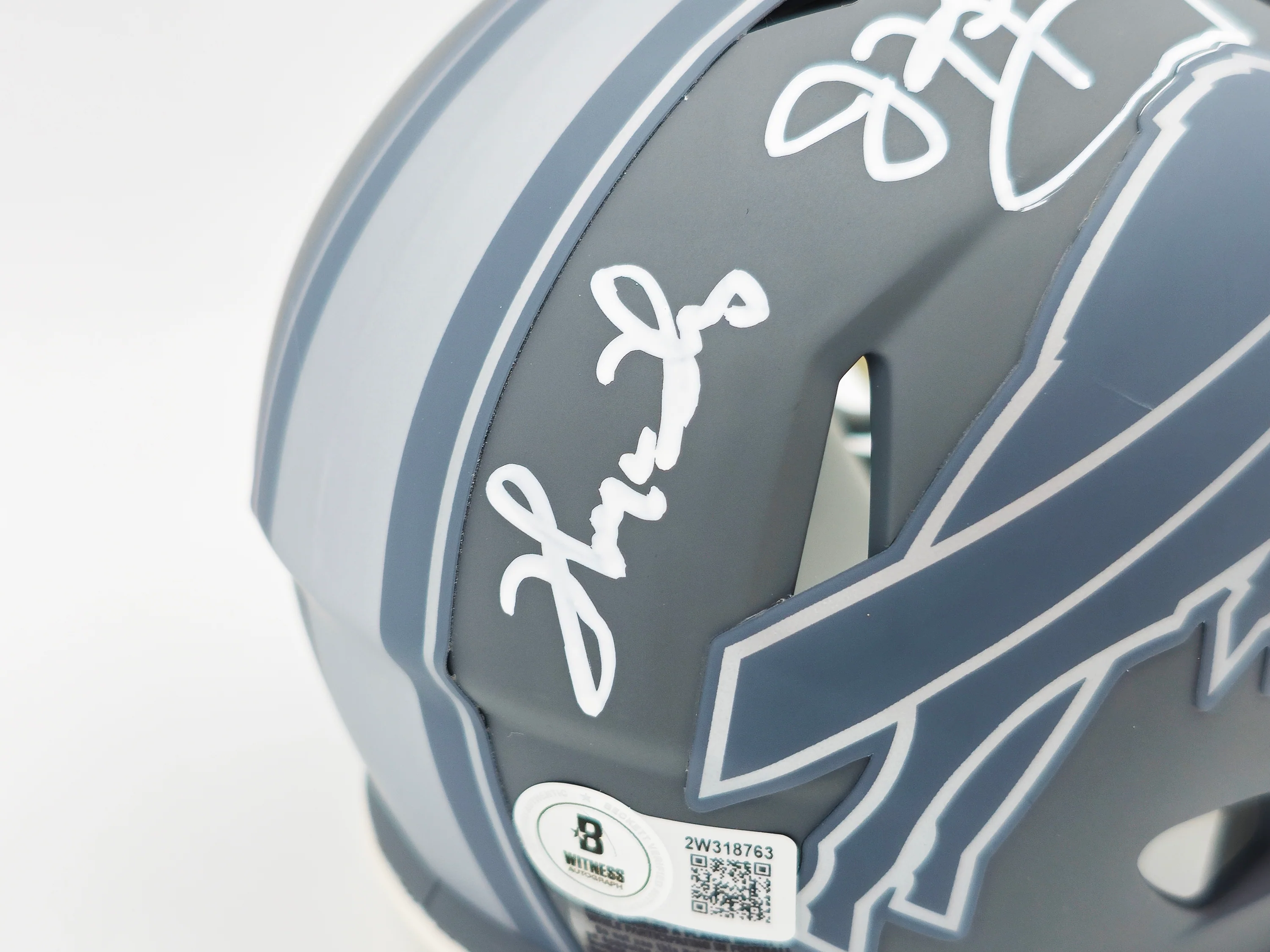 Jim Kelly, Thurman Thomas & Andre Reed Autographed Buffalo Bills Team Greats Slate Gray Speed Mini Helmet Beckett BAS Witness Stock #236173 - Image 3