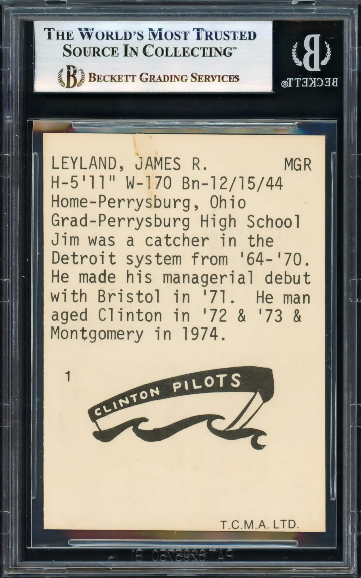 Jim Leyland Autographed 1975 TCMA Rookie Card #1 Clinton Pilots Beckett BAS #17069654 - Image 2