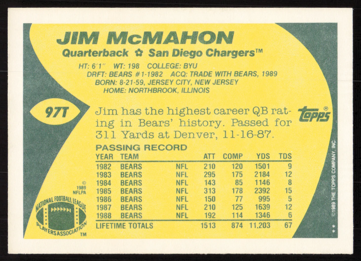 Jim McMahon Autographed 1989 Topps Traded Card #97T San Diego Chargers SKU #259298 - Image 2