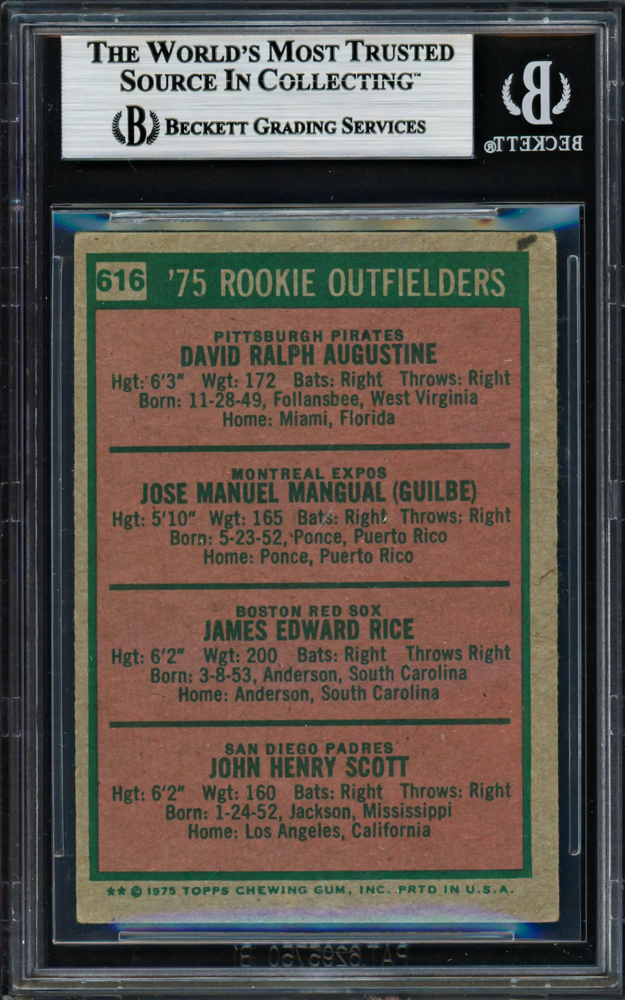 Jim Rice & Dave Augustine Autographed 1975 Topps Rookie Card #616 Beckett BAS #18629857 - Image 2