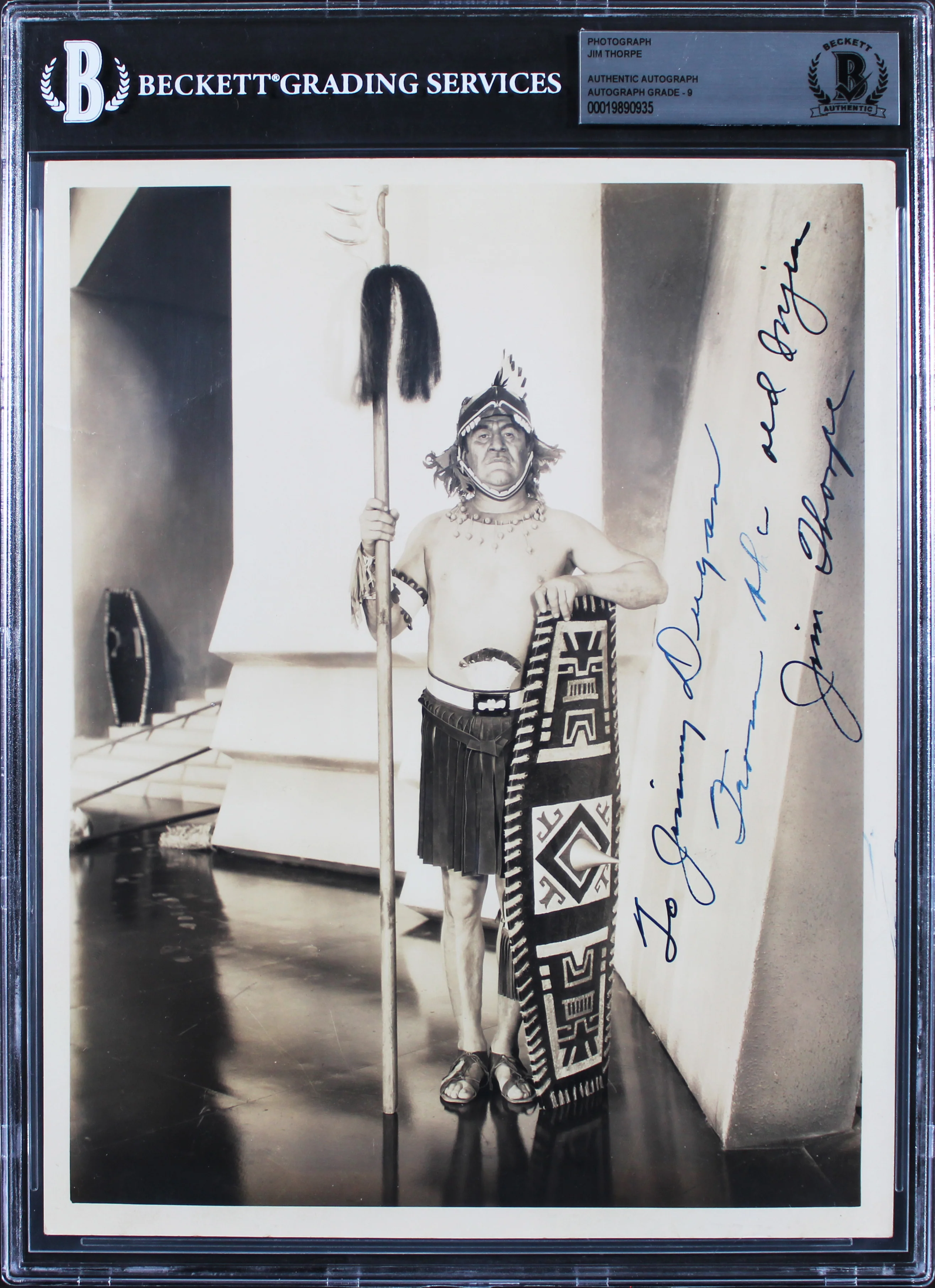 Jim Thorpe "To Jimmy Dugan" Signed 8x10 Photo Auto Graded Mint 9! BAS Slabbed - Image 2