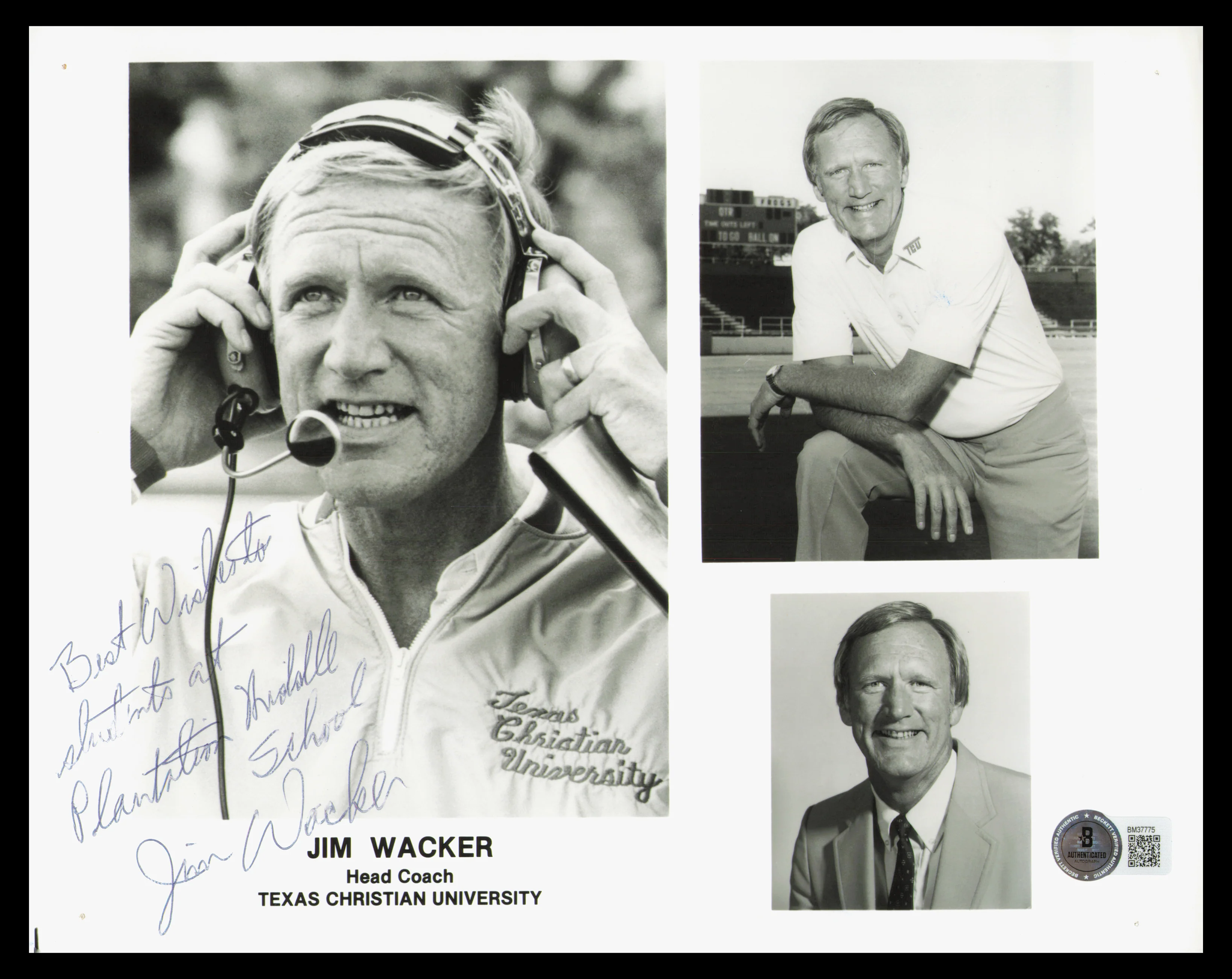 Jim Wacker Autographed 8x10 Photo TCU "Best Wishes" Beckett BAS QR #BM37775