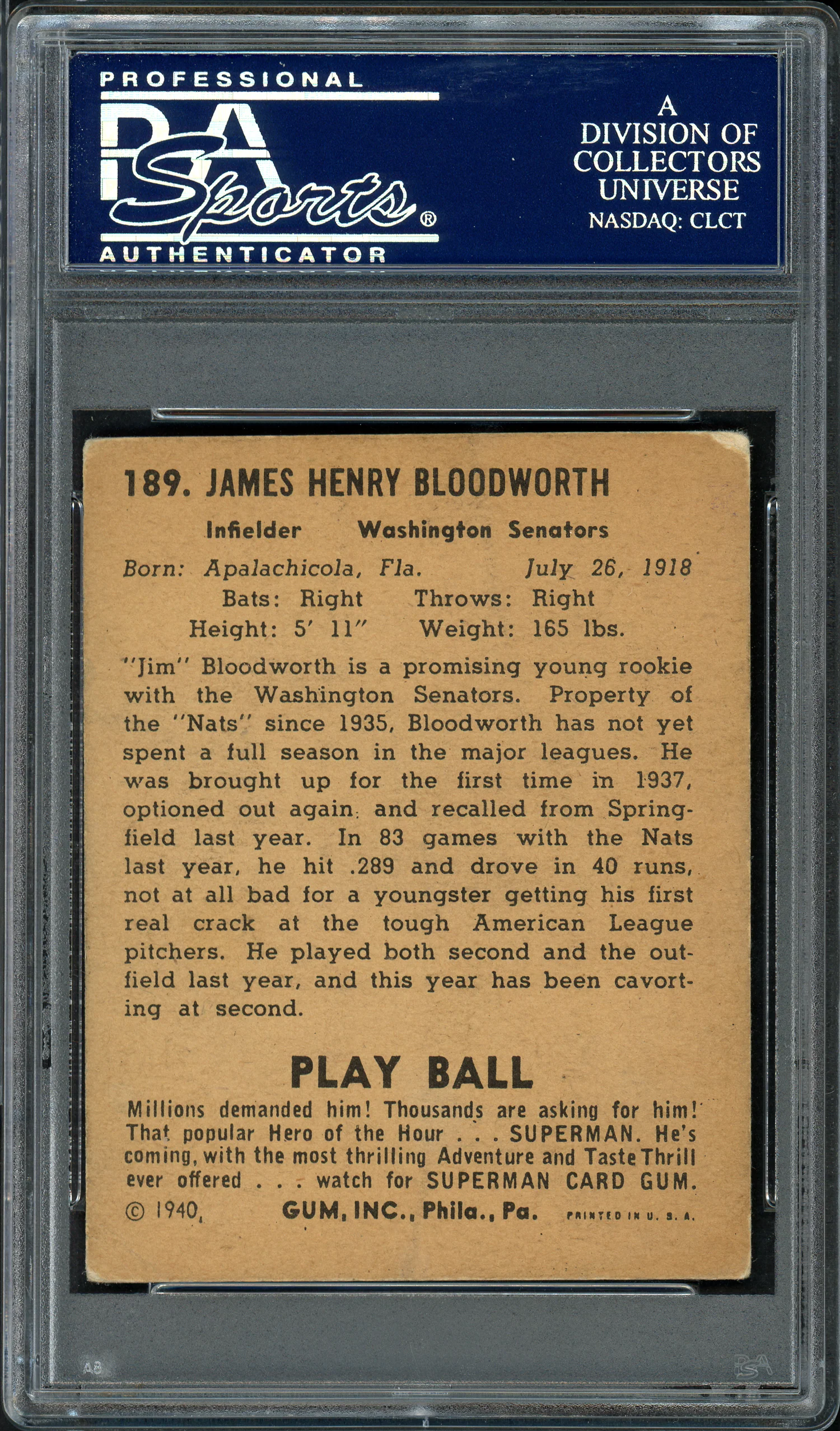 Jimmy Bloodworth Autographed 1940 Play Ball Rookie Card #189 Washington Senators PSA/DNA #83986443 - Image 2