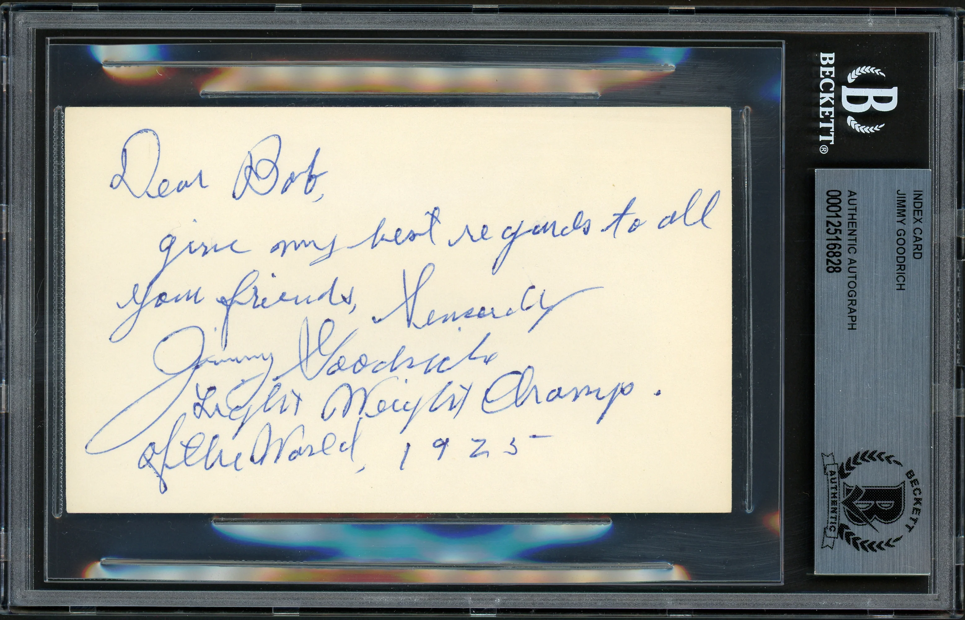 Jimmy Goodrich Autographed 3x5 Index Card 1925 Lightweight Champion "To Bob" Beckett BAS #12516828