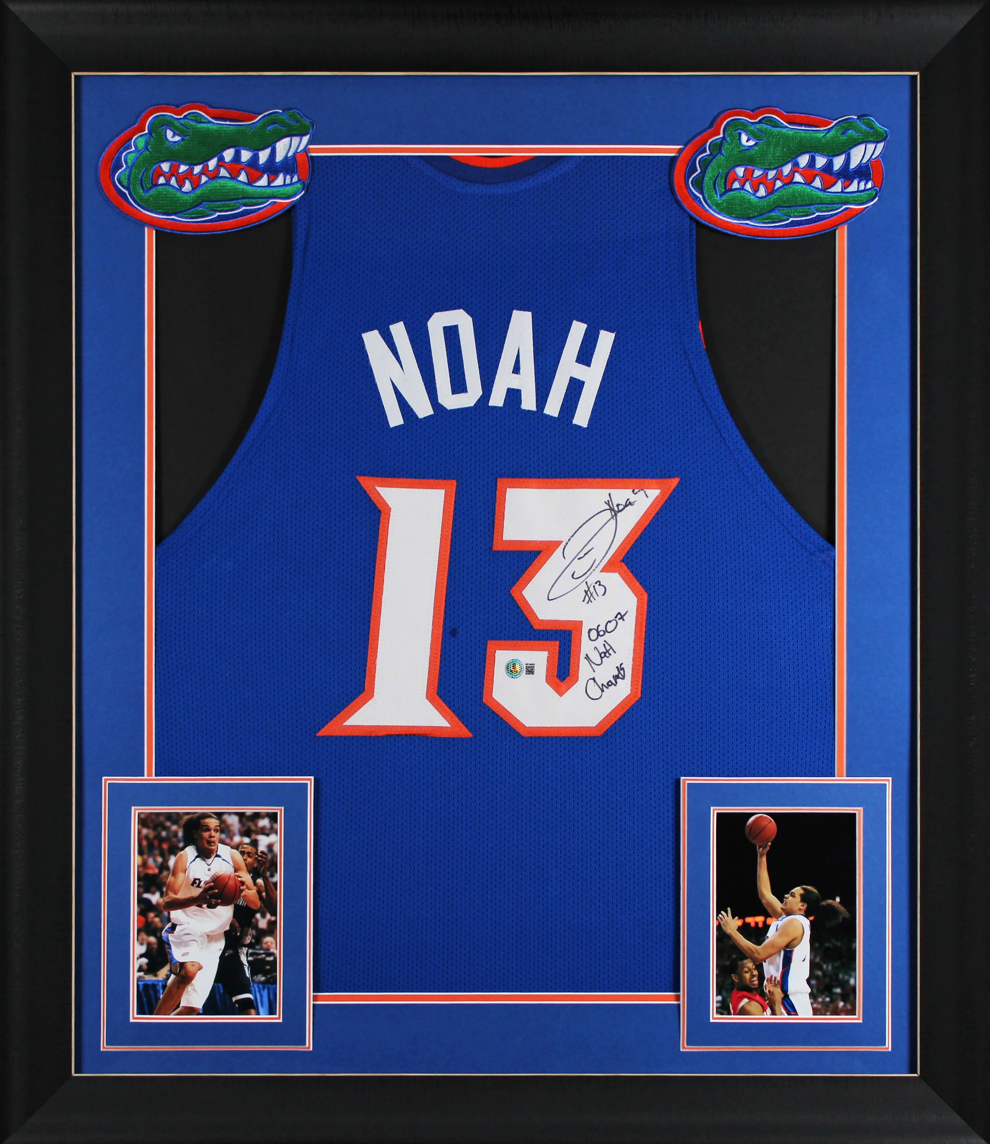 Joakim Noah "06 & 07 Nat'l Champs" Signed Blue Pro Style Framed Jersey BAS Wit - Image 2