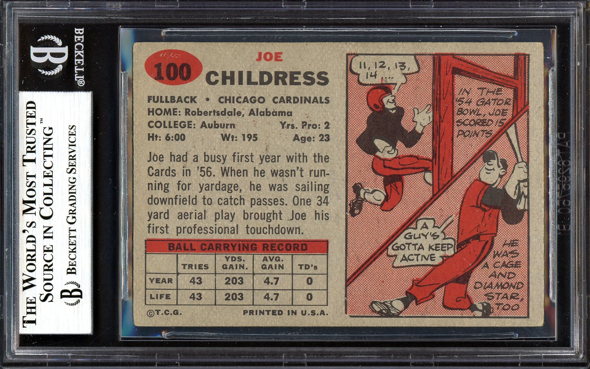 Joe Childress Autographed 1957 Topps Rookie Card #100 Chicago Cardinals Beckett BAS #13608290 - Image 2