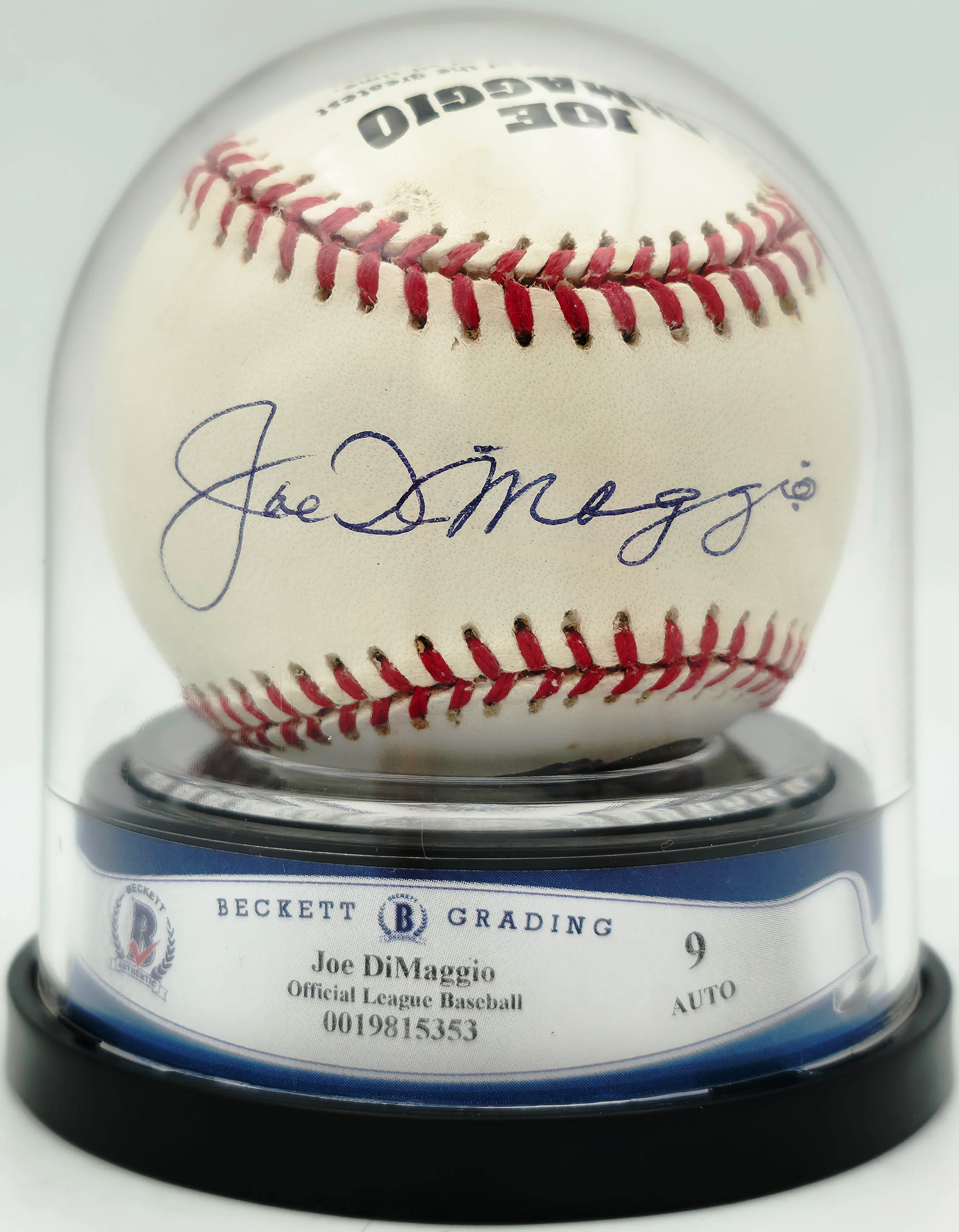 Joe DiMaggio Autographed Official Logo League Baseball New York Yankees Auto Grade Mint 9 Beckett BAS #19815353