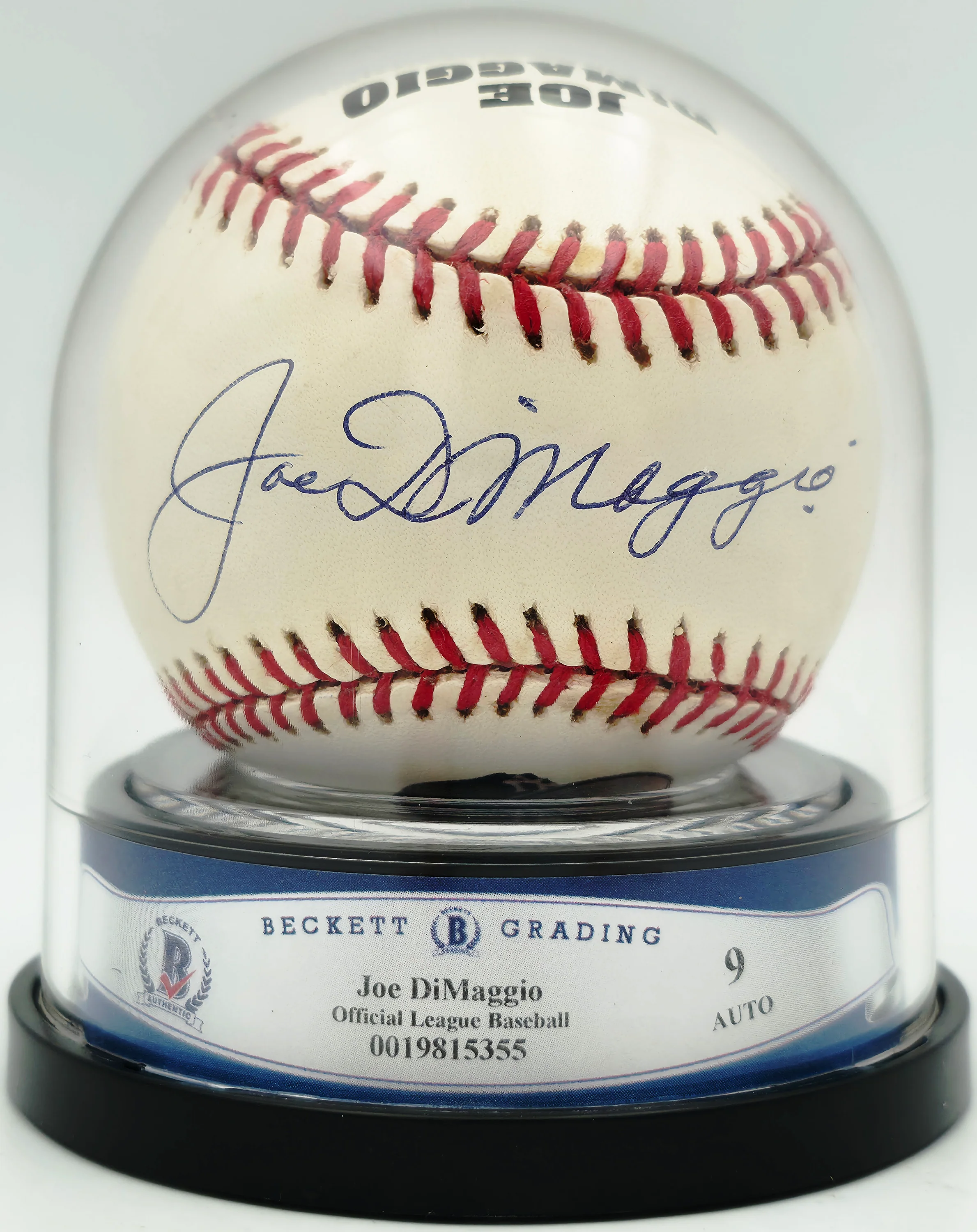 Joe DiMaggio Autographed Official Logo League Baseball New York Yankees Auto Grade Mint 9 Beckett BAS #19815355