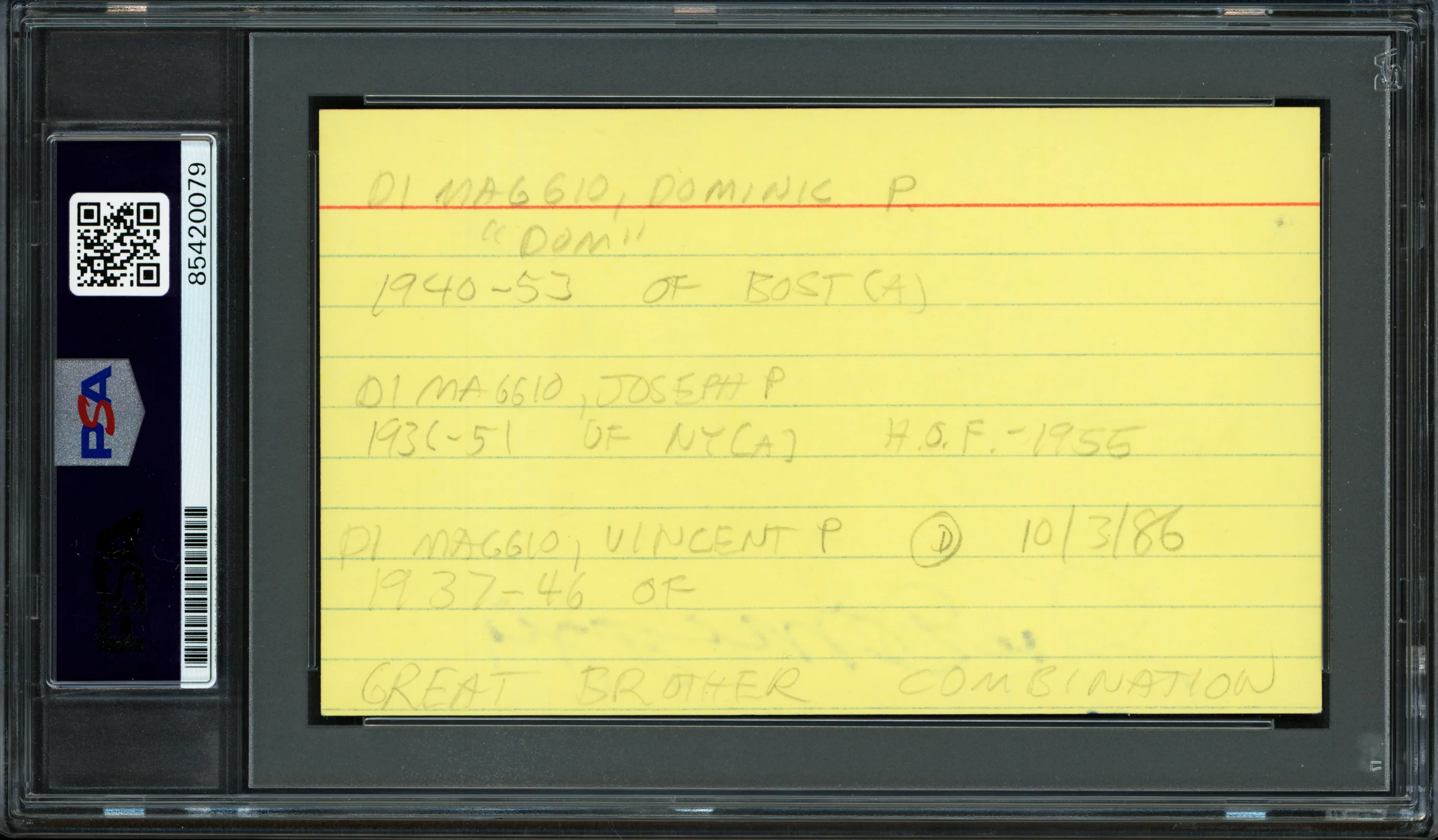 Joe, Dom & Vince DiMaggio Autographed 3x5 Index Card "Best Wishes" PSA/DNA #85420079 - Image 2