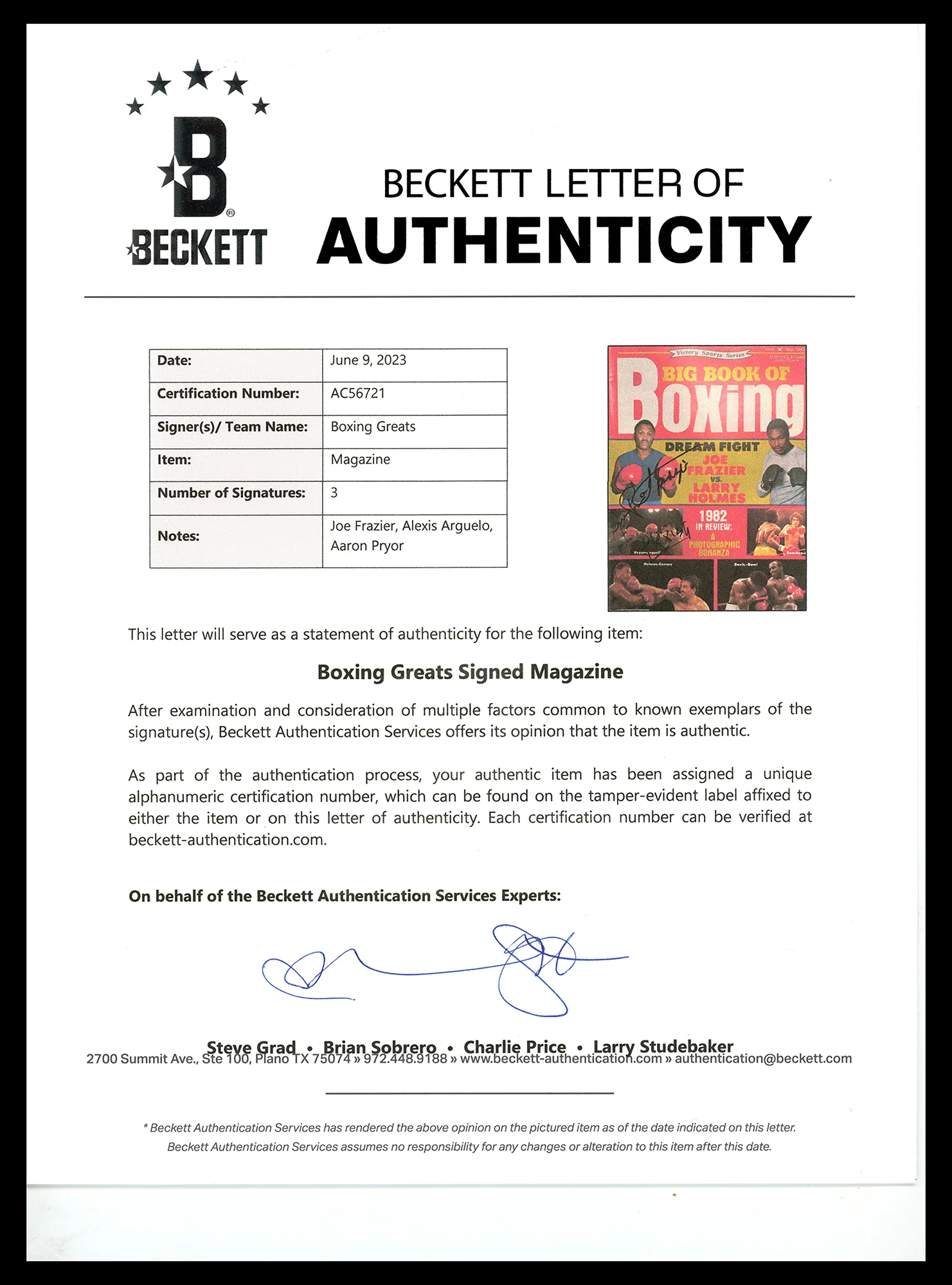 Joe Frazier, Alexis Arguello & Aaron Pryor Autographed Big Book of Boxing Magazine Beckett BAS #AC56721 - Image 3