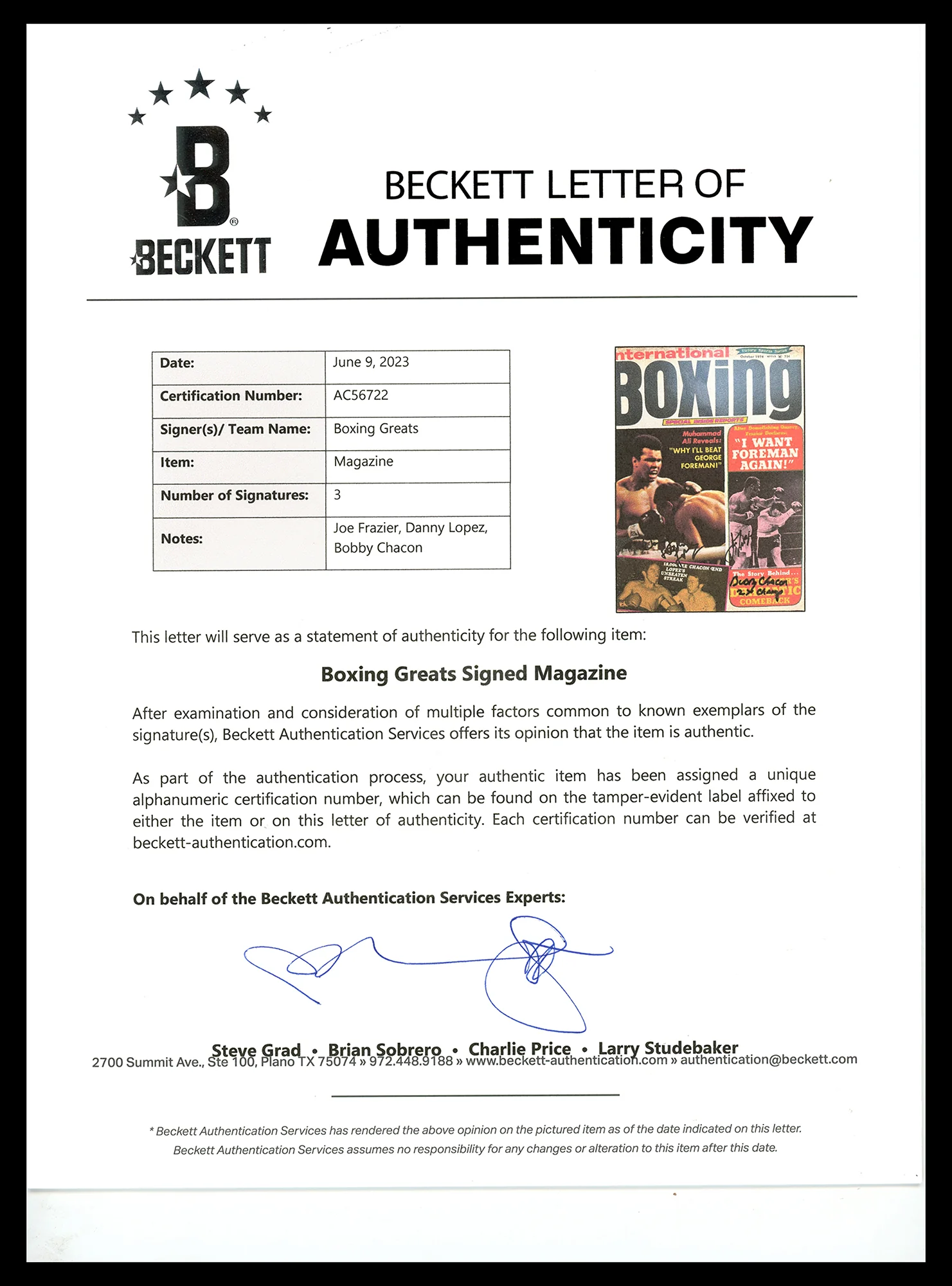 Joe Frazier, Danny Lopez & Bobby Chacon Autographed International Boxing Magazine Beckett BAS #AC56722 - Image 3