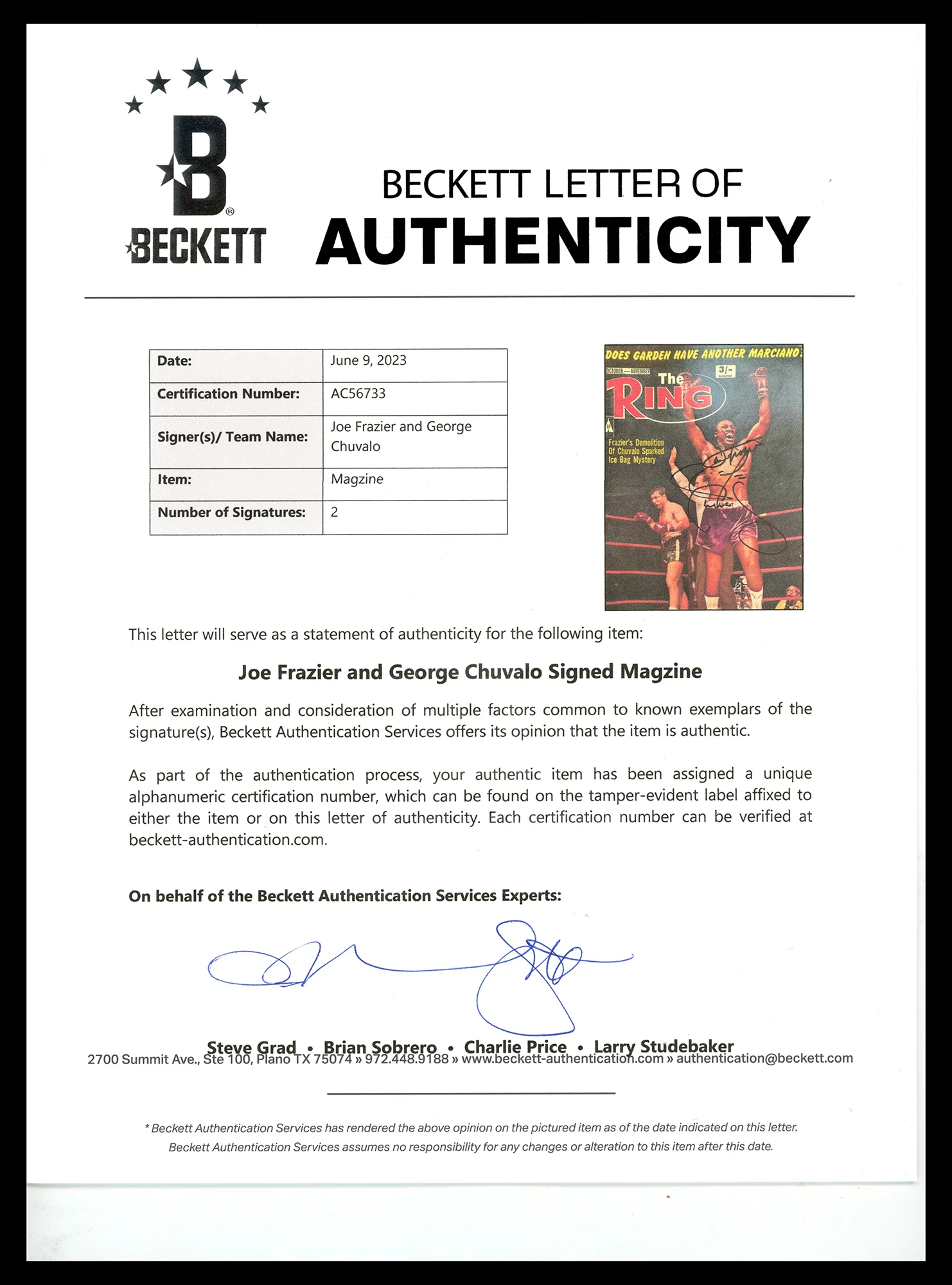 Joe Frazier & George Chuvalo Autographed Ring Magazine Beckett BAS #AC56733 - Image 3